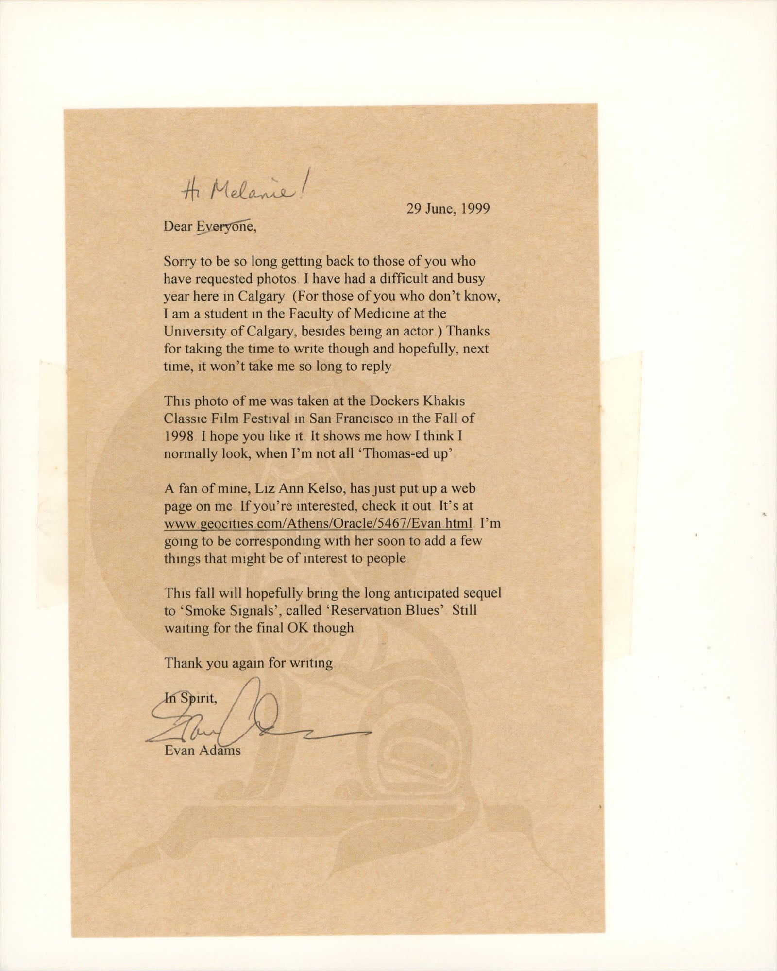 Evan Adams Smoke Signals "All The Best To You!" Signed 8x10 Photo BAS #BS20858