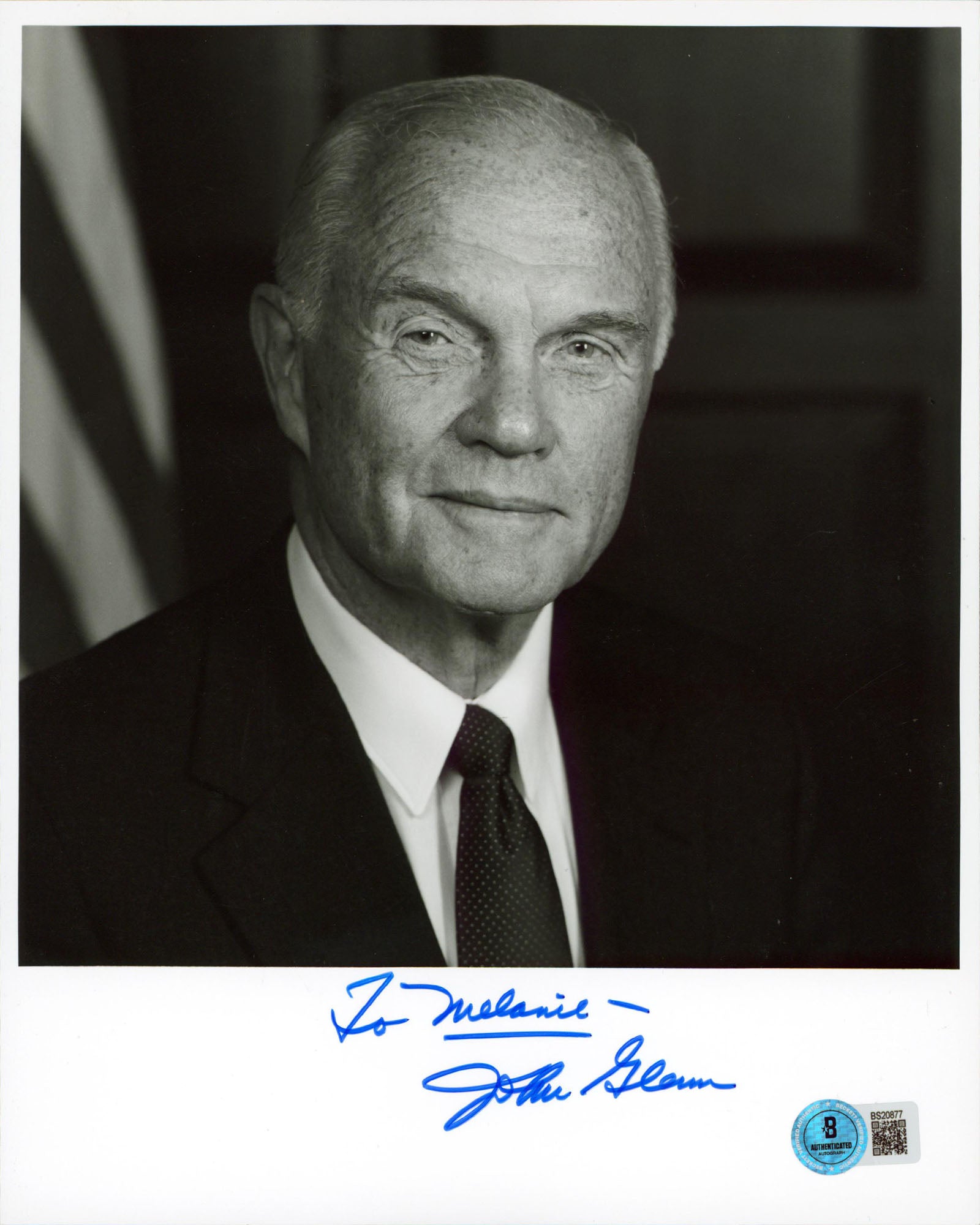 John Glenn NASA Astronaut "To Melanie" Signed 8x10 Vertical Photo BAS #BS20877