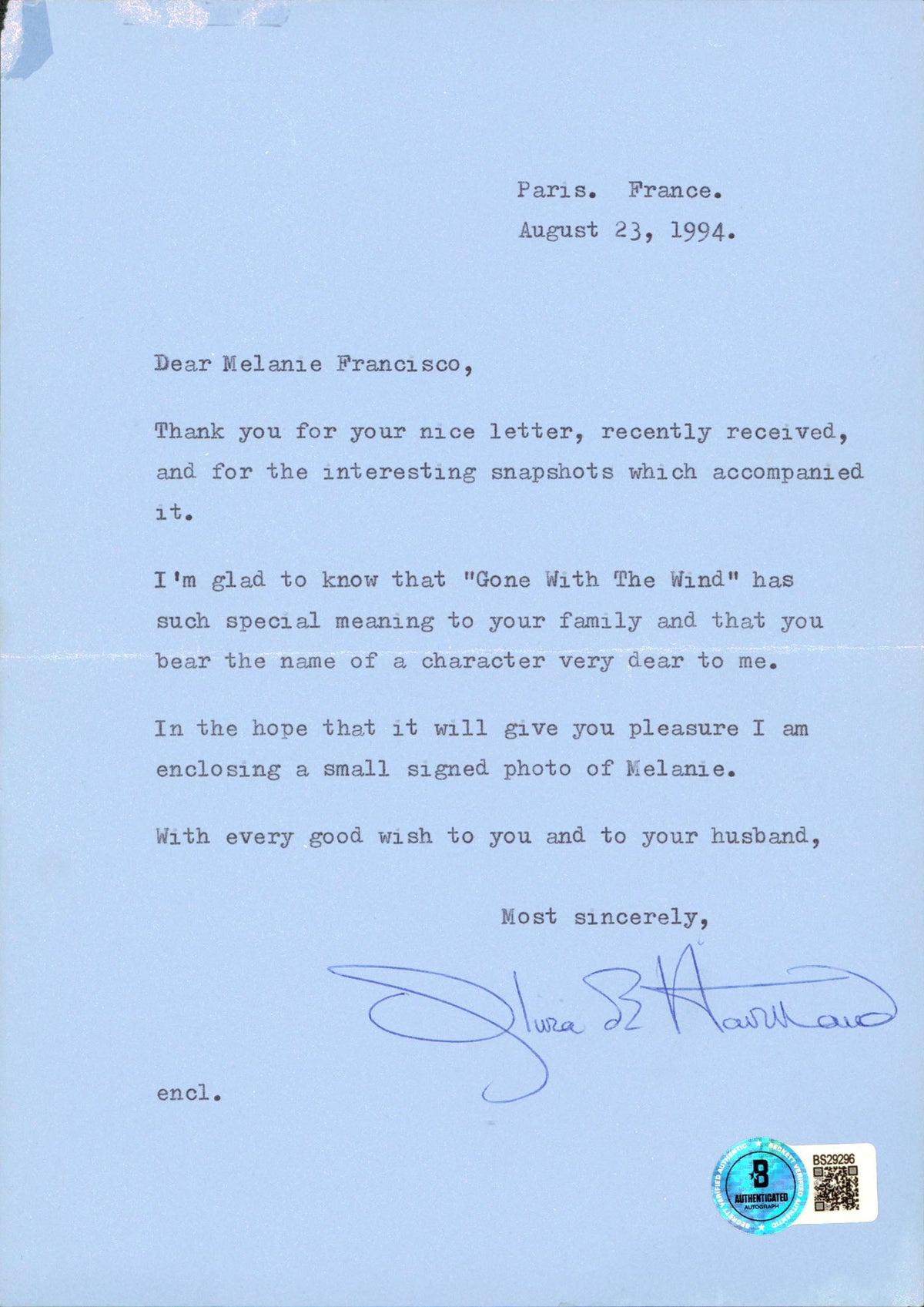 Olivia De Havilland Gone with the Wind Signed 5.75x8.25 Letter BAS #BS29296