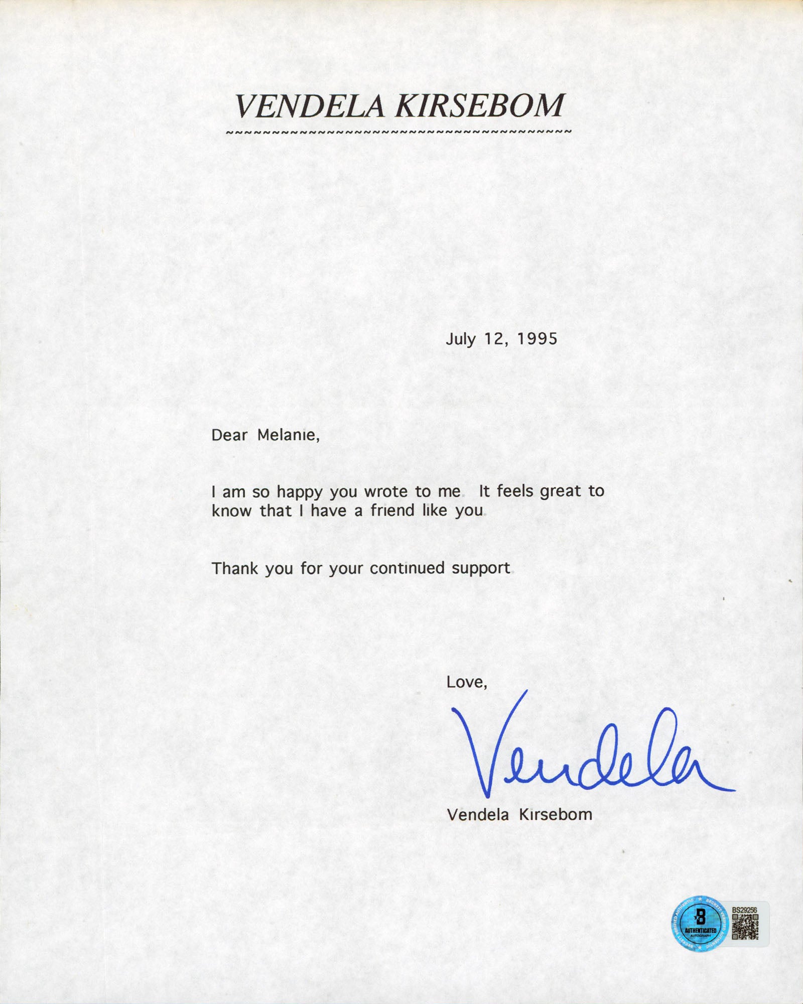 Vendela Kirsebom Supermodel Authentic Signed 8.5x11 Letter BAS #BS29256