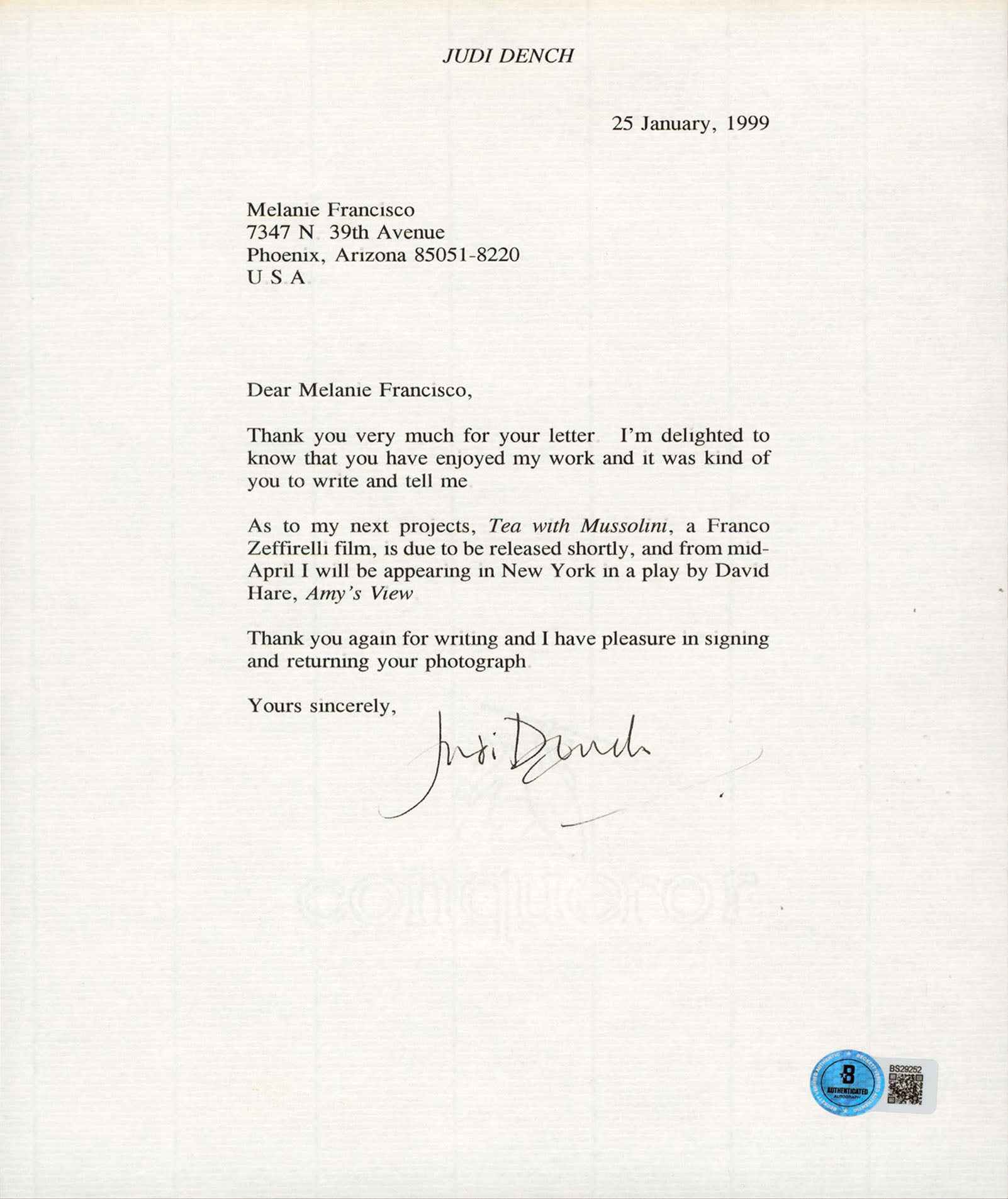 Judi Dench James Bond 007 Authentic Signed 8.5x11 Letter BAS #BS29252