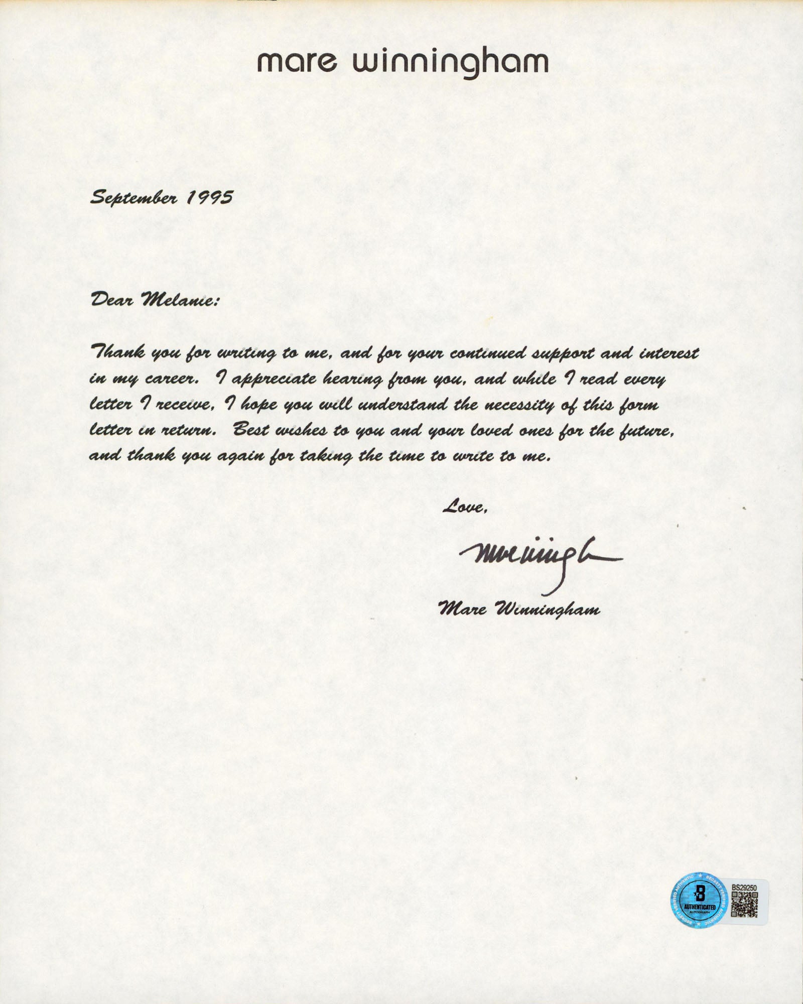 Mare Winningham Georgia Authentic Signed 8.5x11  Letter Autographed BAS #BS29250