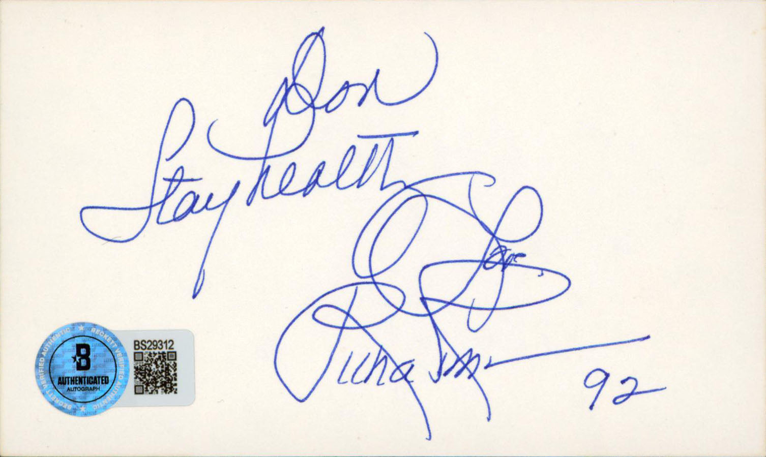 Richard Simmons "Don Stay Healthy 92" Signed 3x5 Index Card BAS #BS29312
