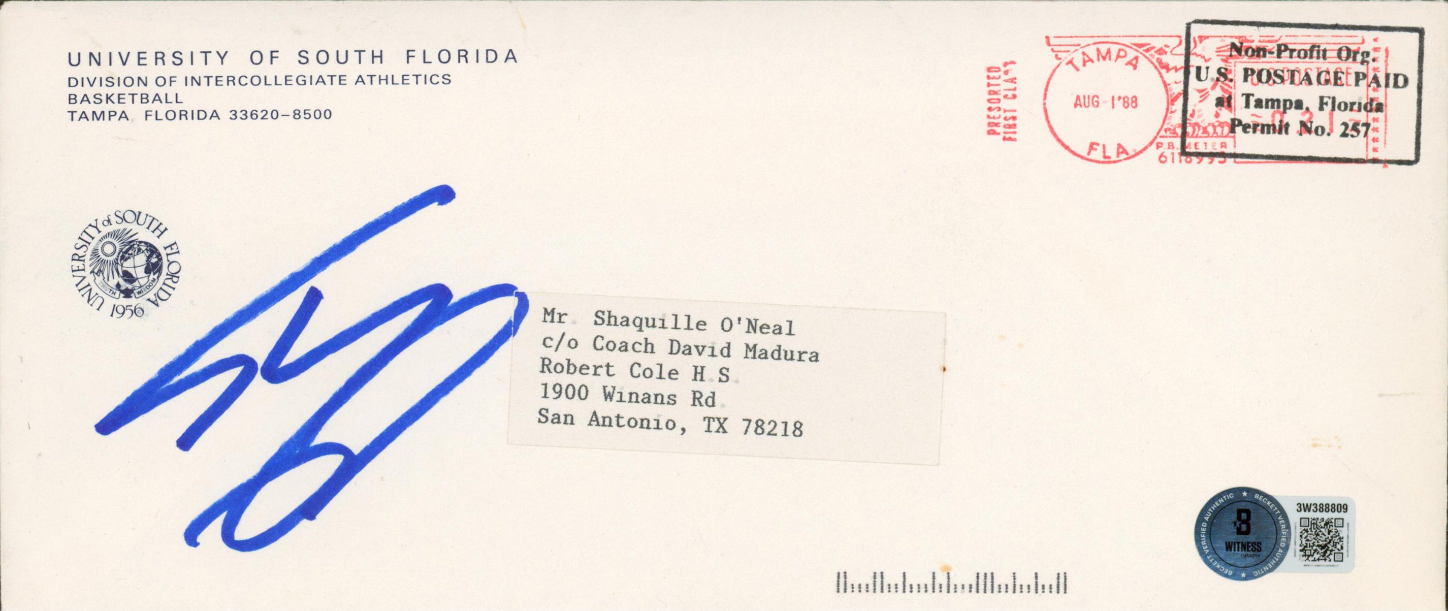 Shaquille O'Neal Signed 4x9.5 1988 University of South Florida Envelope BAS Wit