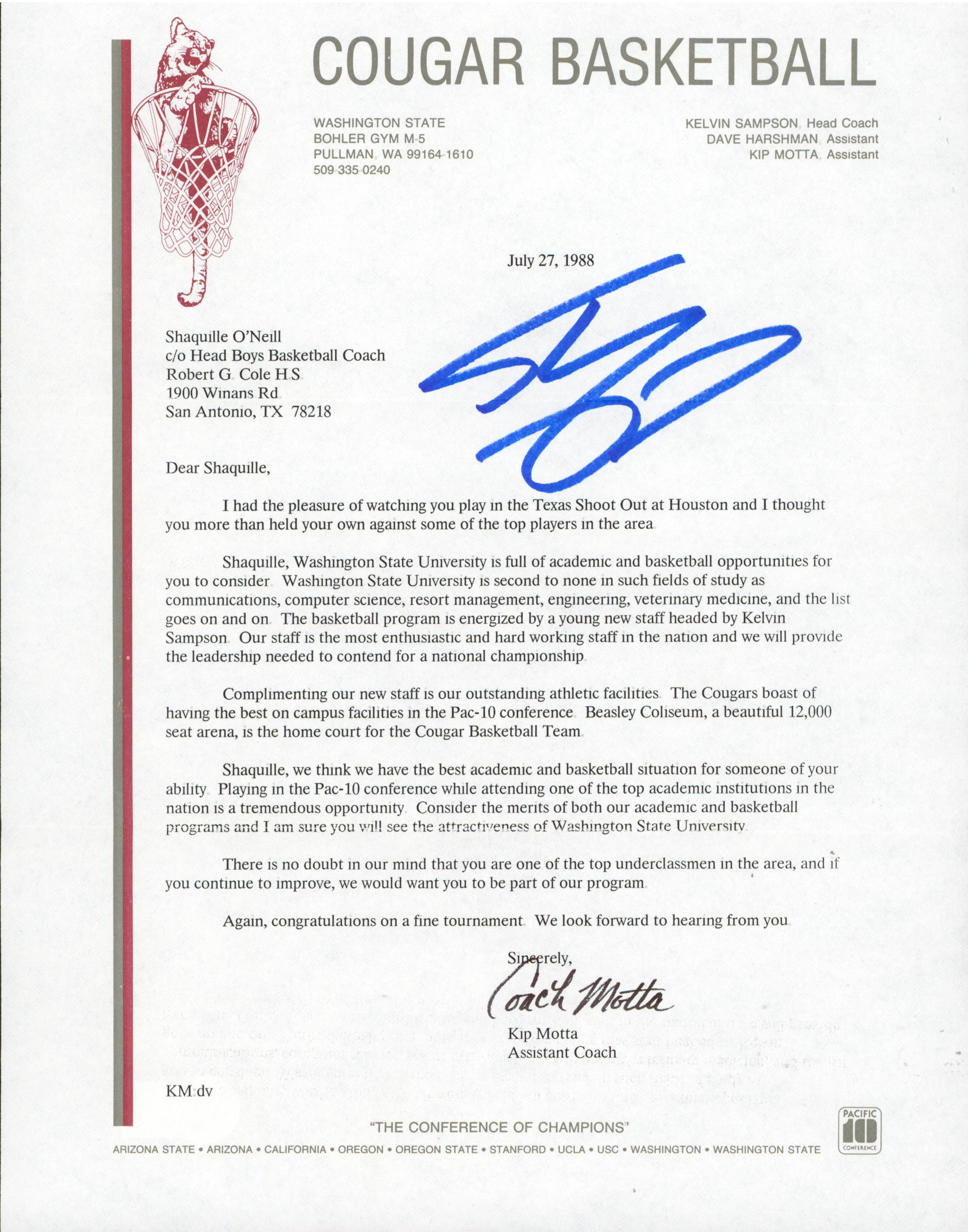 Shaquille O'Neal Signed 1988 Washington State University Recruitment Letter BAS