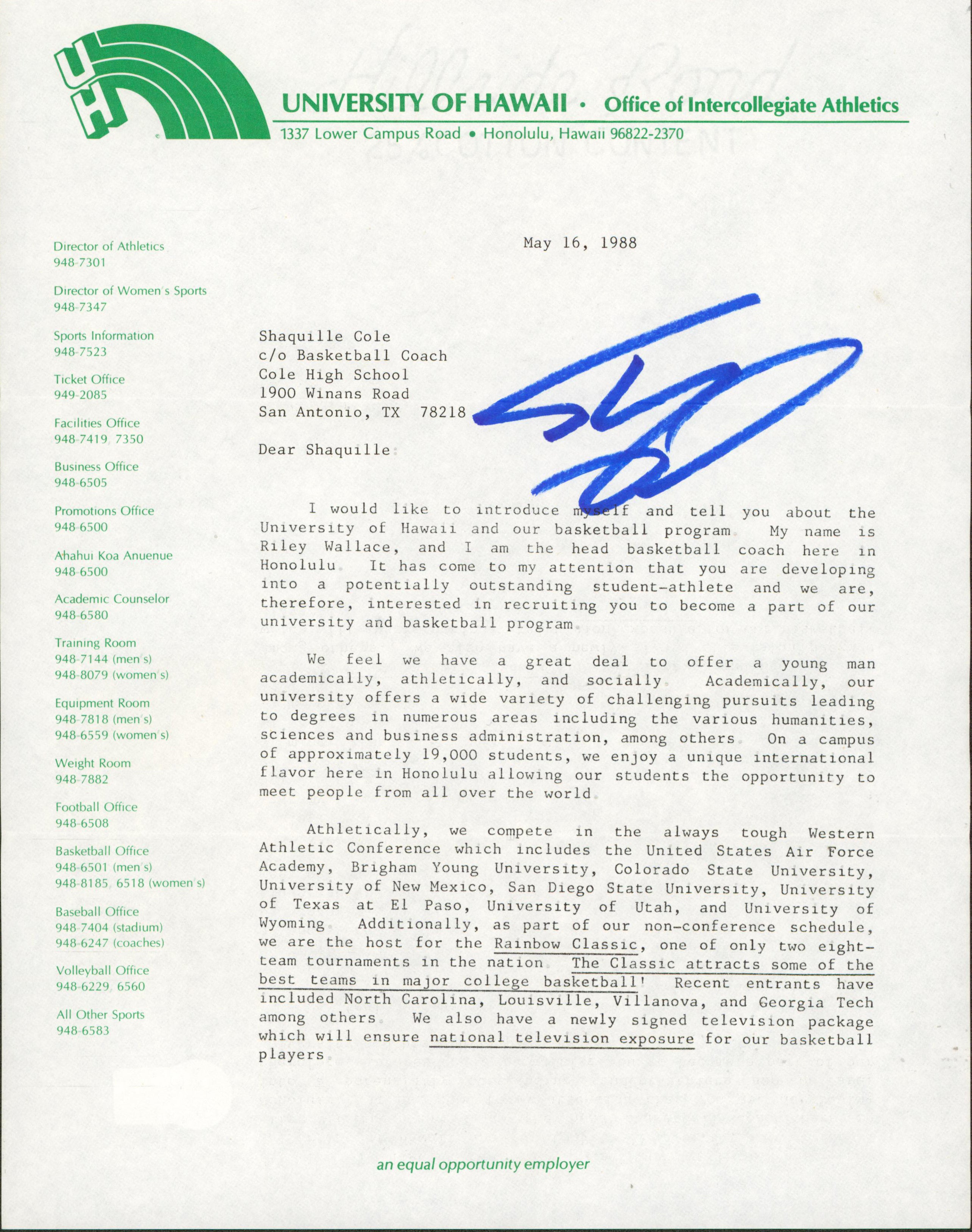 Shaquille O'Neal Signed 1988 University of Hawaii Recruitment Letter BAS