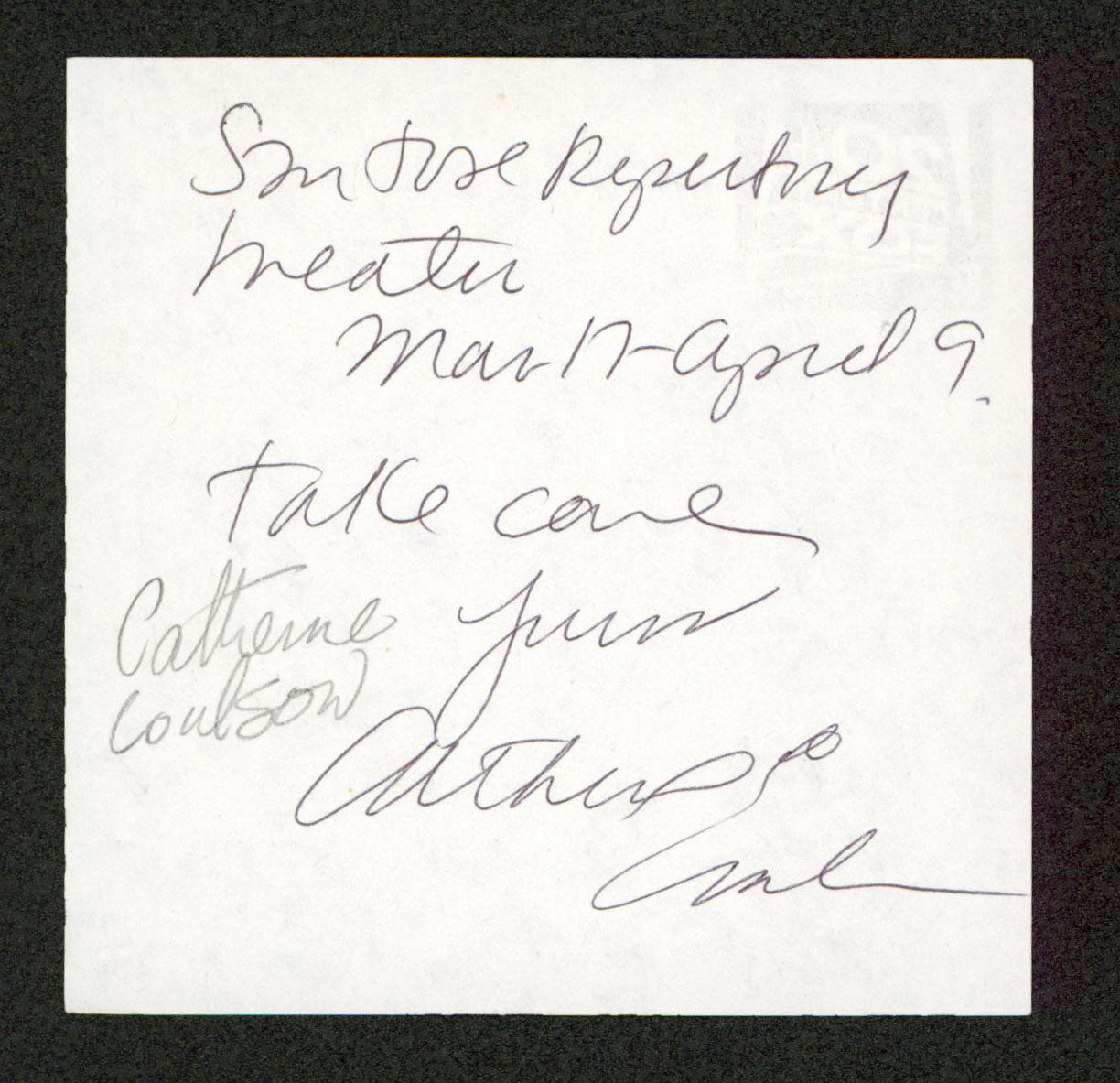 Catherine E. Coulson Twin Peaks Authentic Signed 3.5x3.5 Note BAS #BT01136