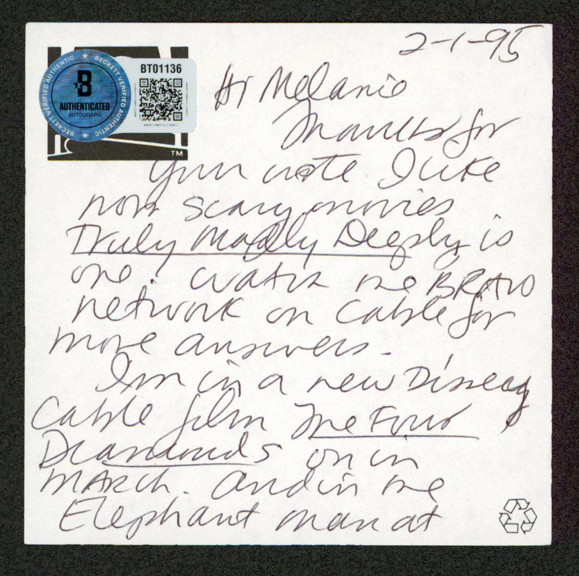 Catherine E. Coulson Twin Peaks Authentic Signed 3.5x3.5 Note BAS #BT01136