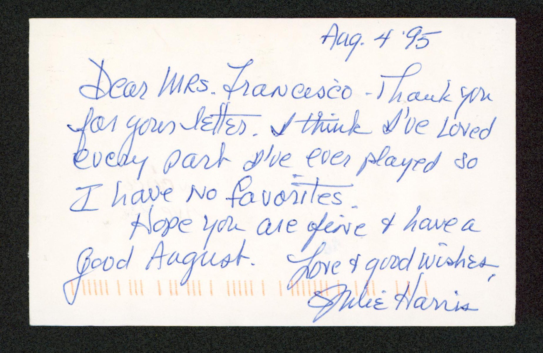 Julie Harris East of Eden Authentic Signed 3.5x5.5 Postcard BAS #BT02492