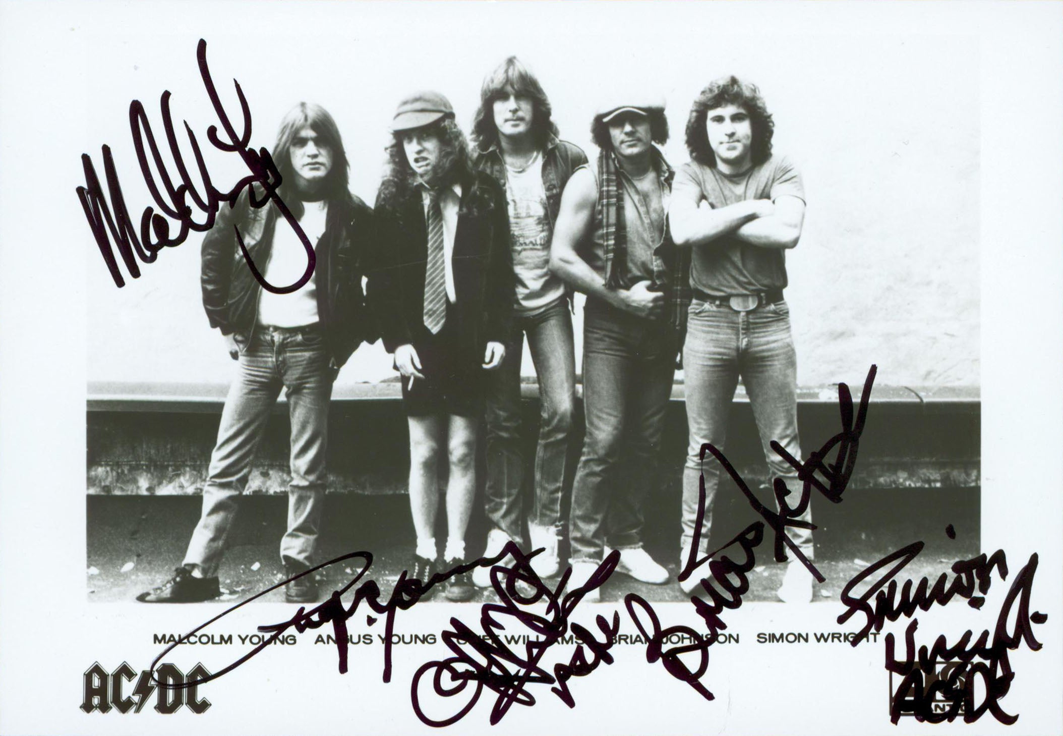 AC/DC (5) Angus, Malcolm, Williams, Johnson & Wright Signed 5x7 Photo BAS LOA