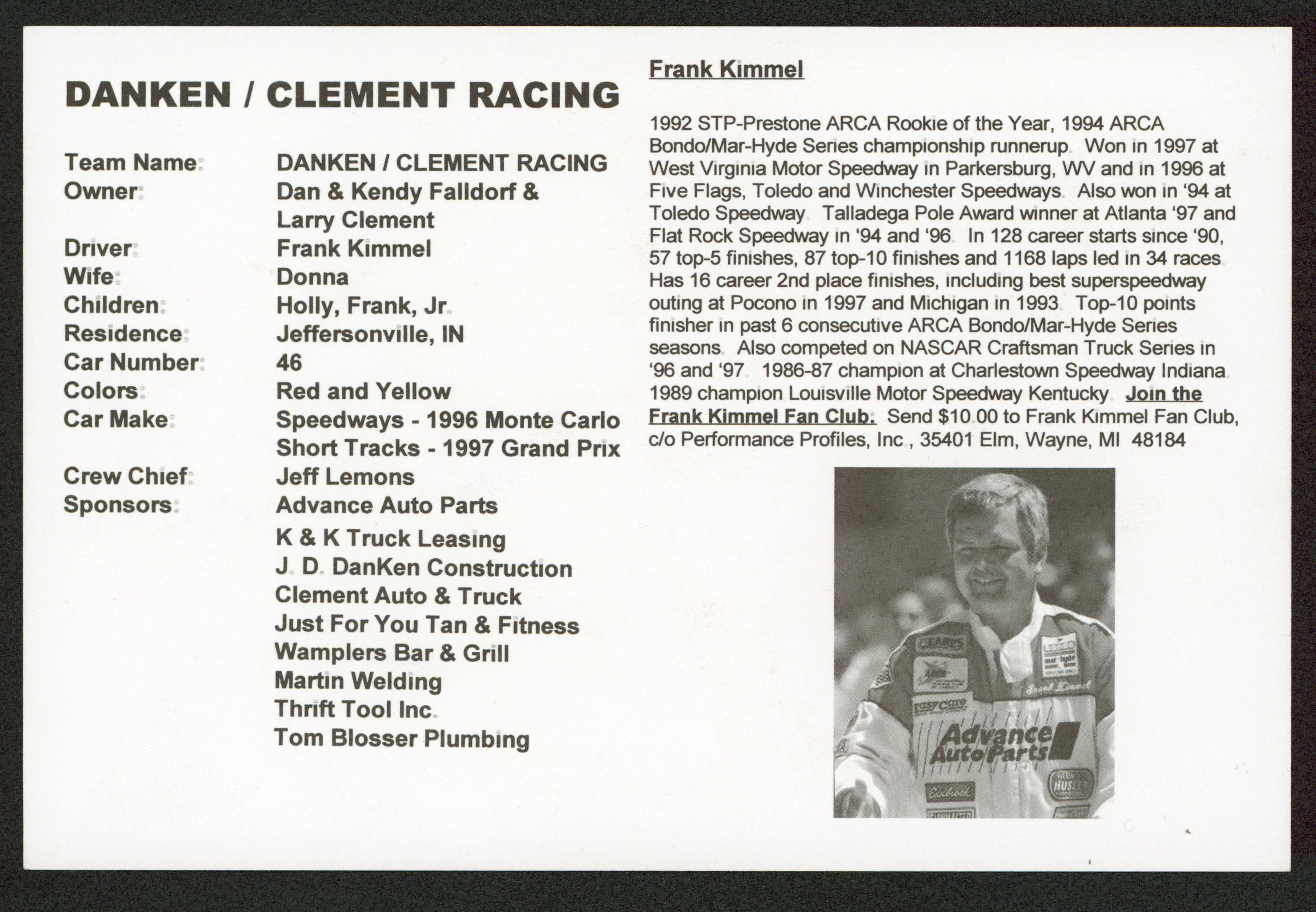 NASCAR Frank Kimmel Authentic Signed 6x9 Promotional Photo BAS #AA48207