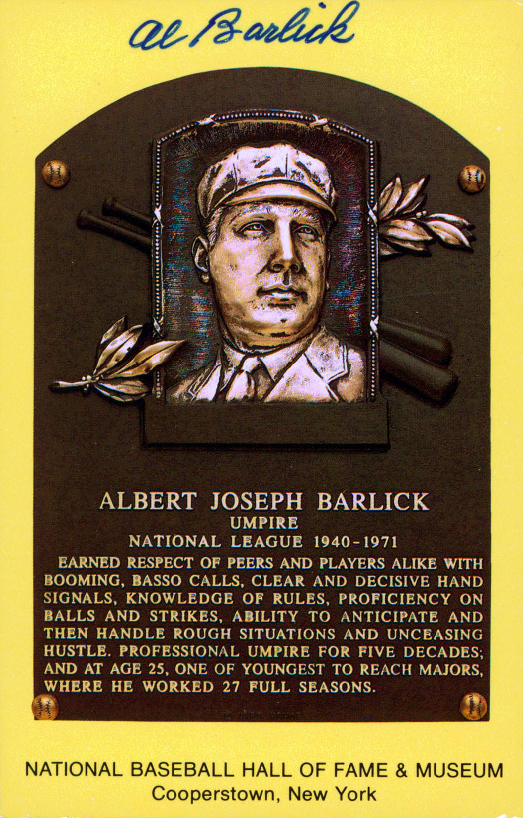 Al Barlick Authentic Signed 3.5x5.5 HOF Plaque Postcard JSA #S85226