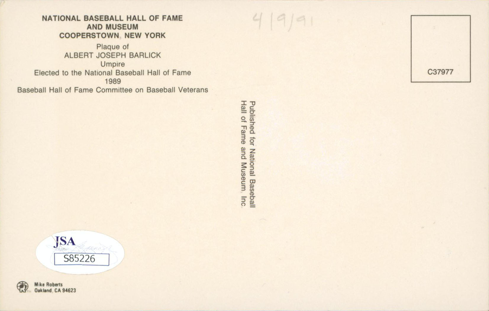 Al Barlick Authentic Signed 3.5x5.5 HOF Plaque Postcard JSA #S85226