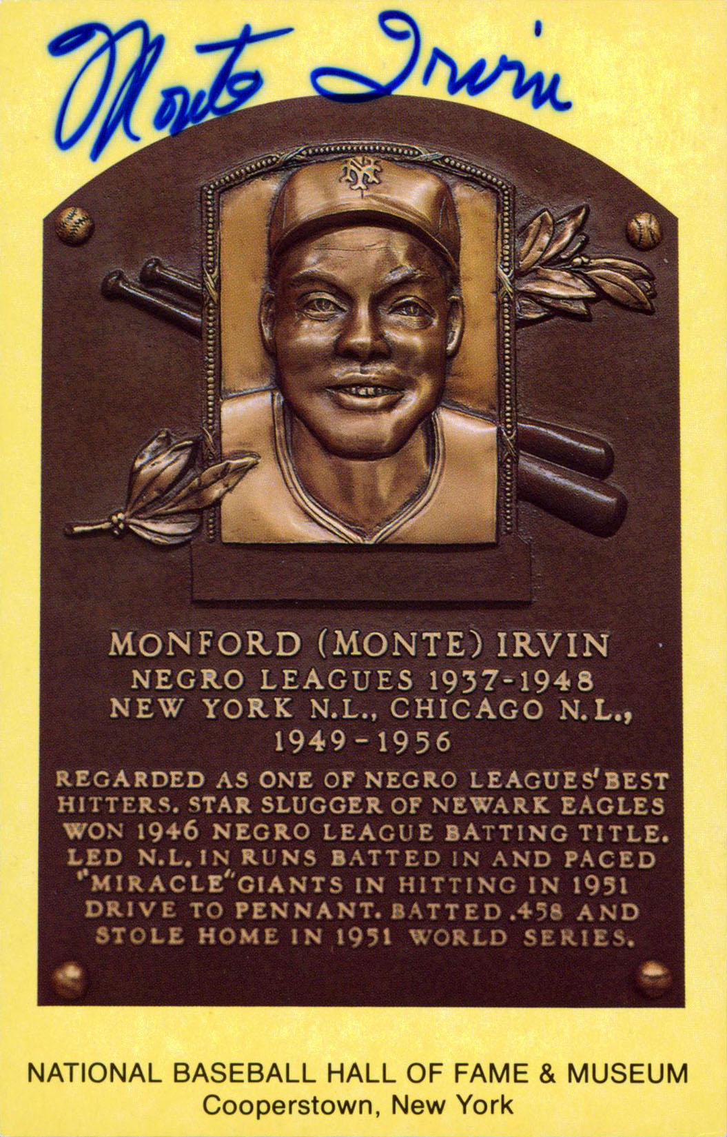 Yankees Monte Irvin Authentic Signed 3.5x5.5 HOF Plaque Postcard JSA #T12738