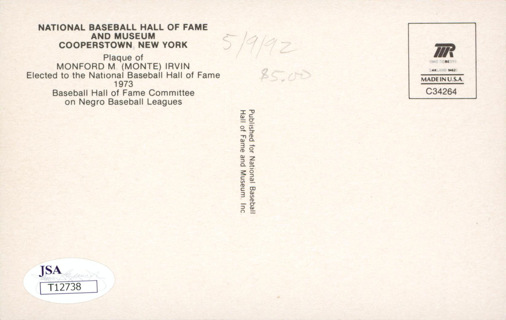 Yankees Monte Irvin Authentic Signed 3.5x5.5 HOF Plaque Postcard JSA #T12738