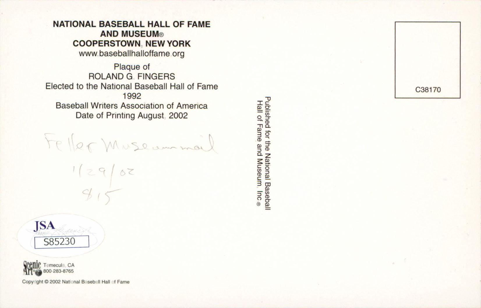 Athletics Rollie Fingers Authentic Signed 3.5x5.5 HOF Plaque Postcard JSA S85230