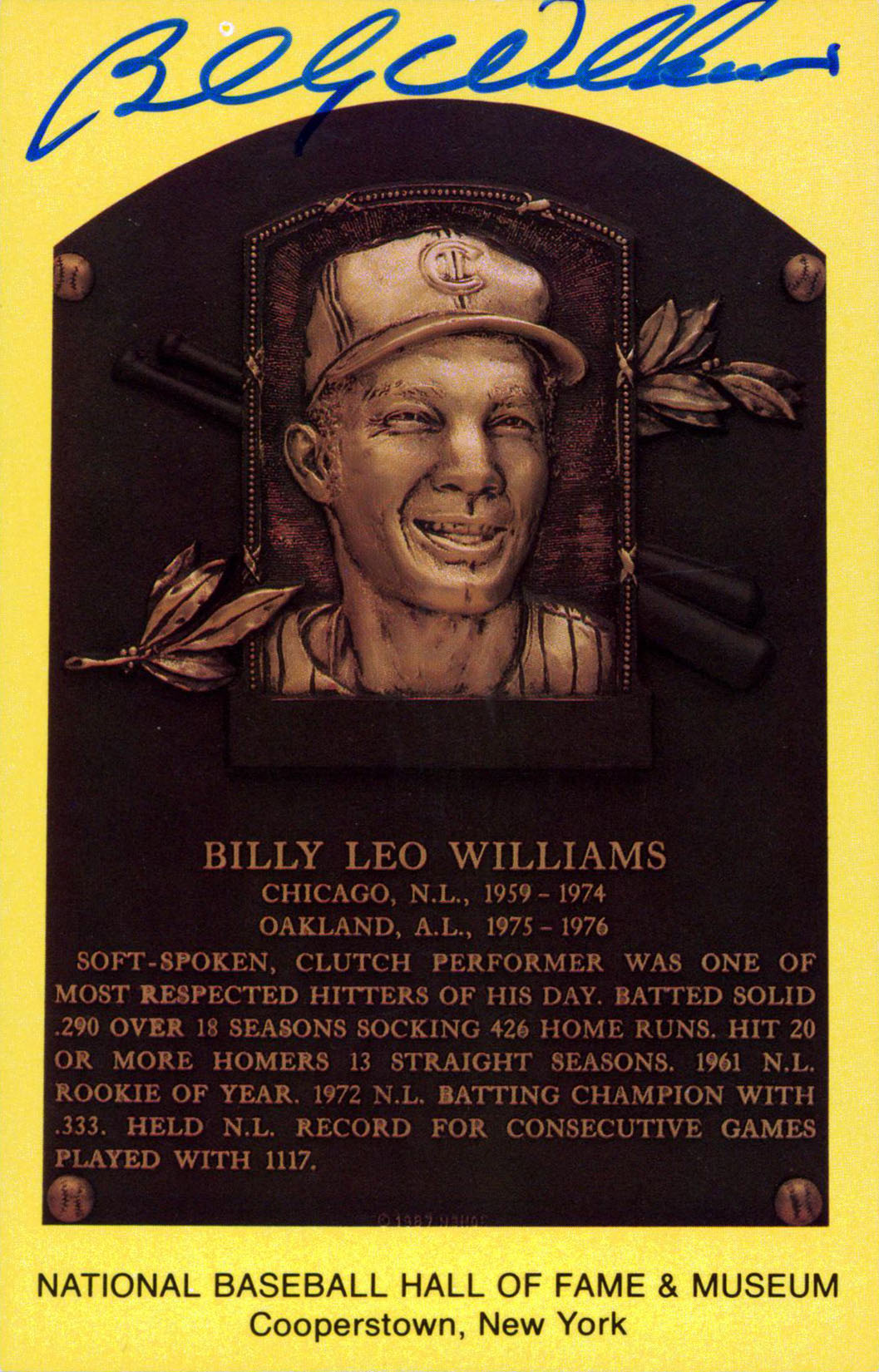 Cubs Billy Williams Authentic Signed 3.5x5.5 HOF Plaque Postcard JSA #T12756