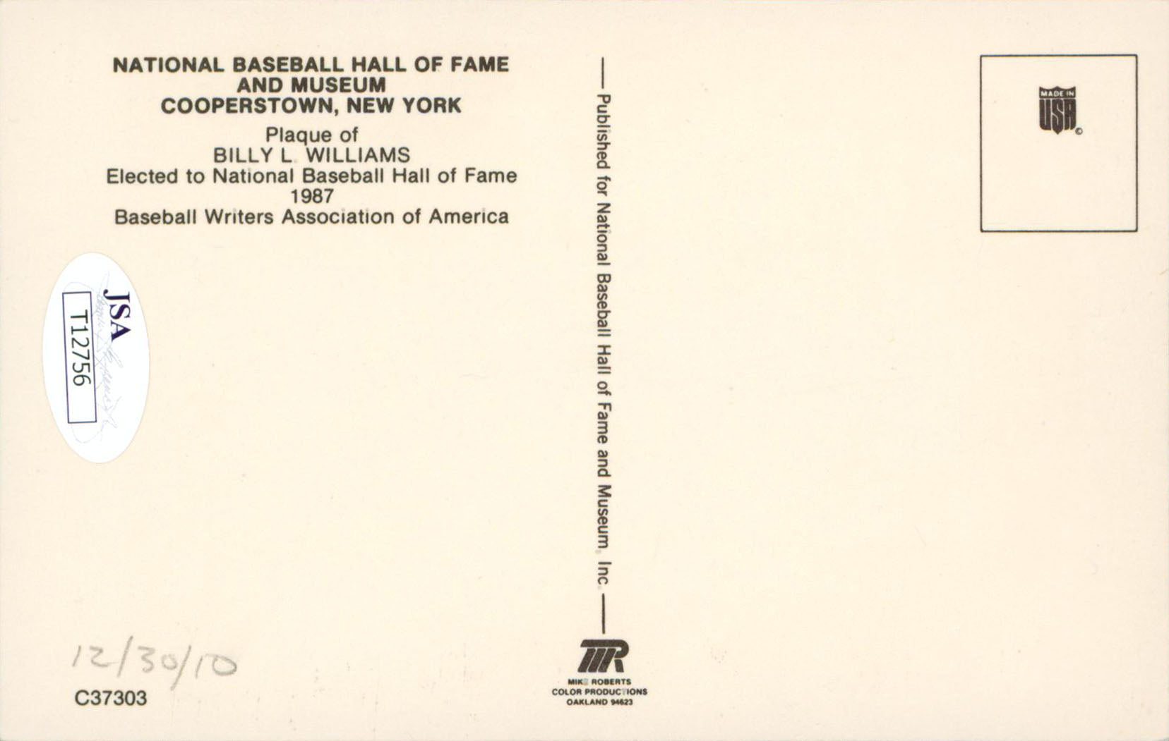 Cubs Billy Williams Authentic Signed 3.5x5.5 HOF Plaque Postcard JSA #T12756