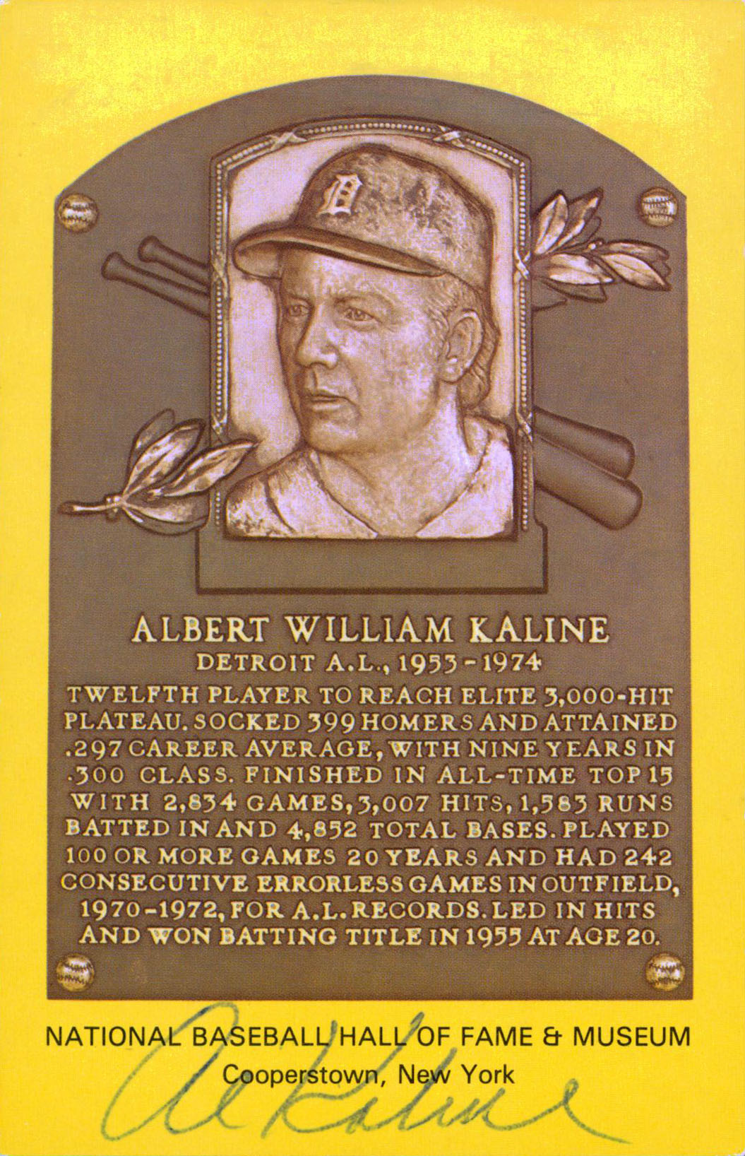 Tigers Al Kaline Authentic Signed 3.5x5.5 HOF Plaque Postcard JSA #T12734