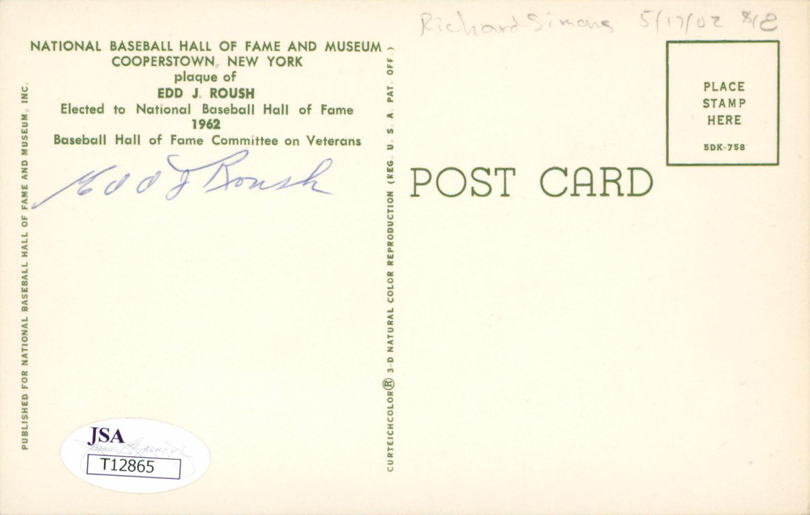 Cubs Edd Roush Authentic Signed 3.5x5.5 HOF Plaque Postcard JSA #T12865
