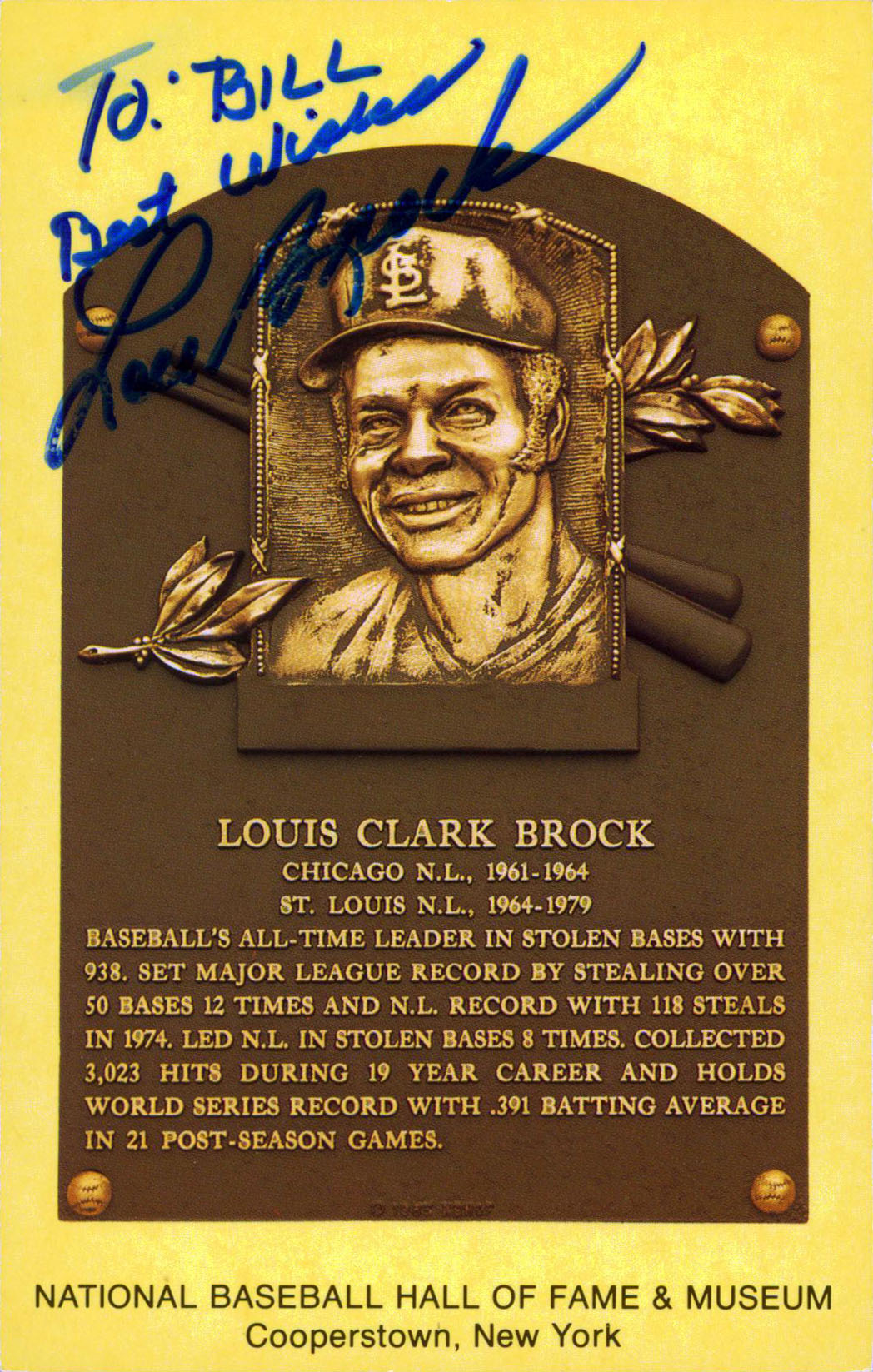 Cardinals Lou Brock Authentic Signed 3.5x5.5  HOF Plaque Postcard JSA #S85236