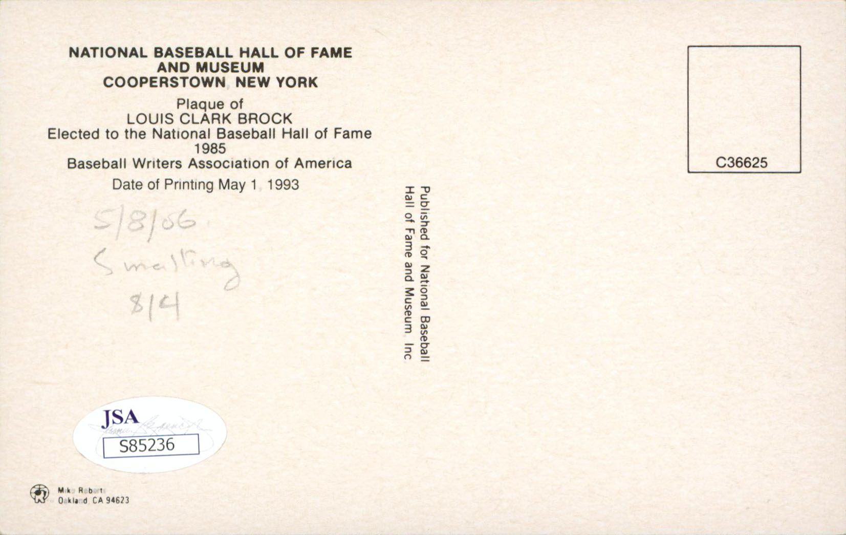 Cardinals Lou Brock Authentic Signed 3.5x5.5  HOF Plaque Postcard JSA #S85236