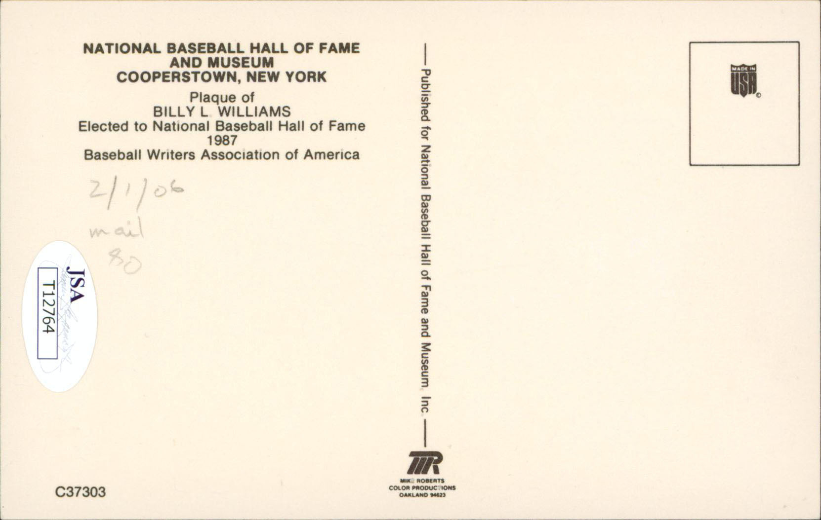 Cubs Billy Williams Authentic Signed Hall Of Fame Plaque Postcard JSA #T12764