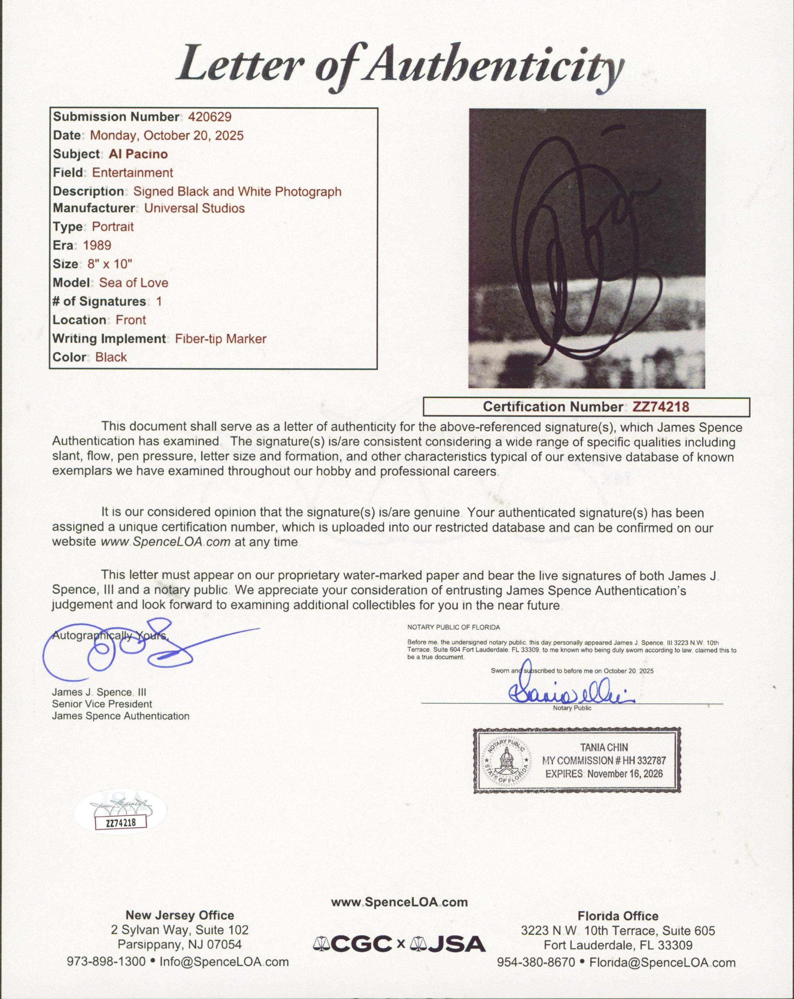 Al Pacino Sea of Love Authentic Signed 8x10 Promotional Photo JSA #ZZ74218