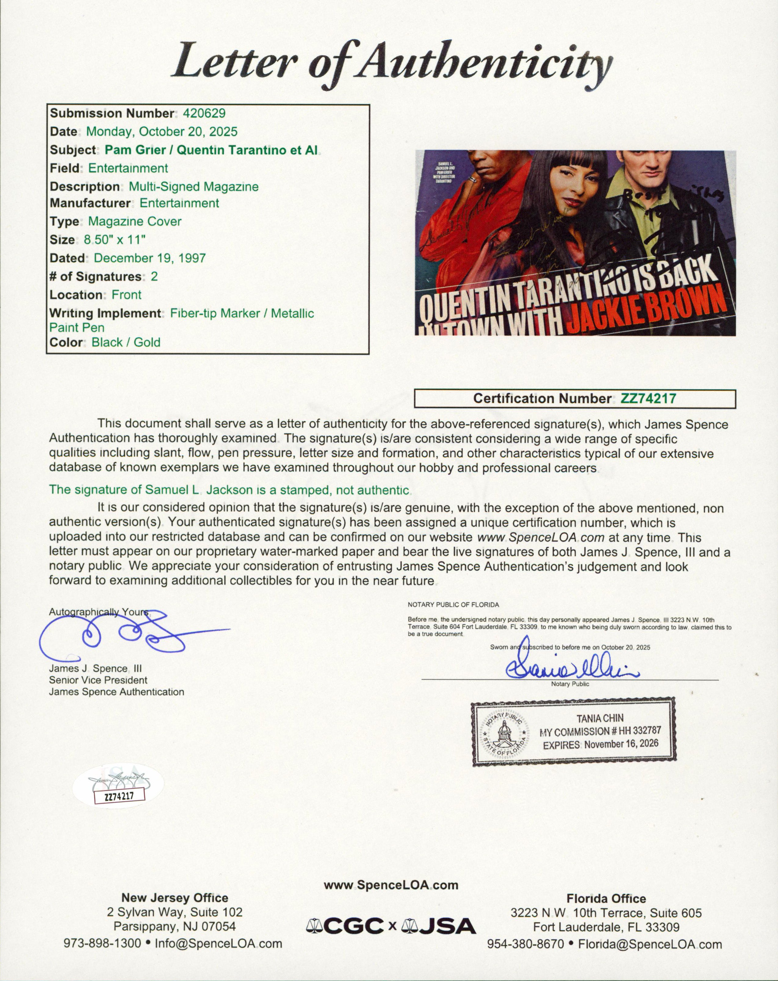 Quentin Tarantino & Pam Grier Jackie Brown Signed Magazine Cover JSA #ZZ74217