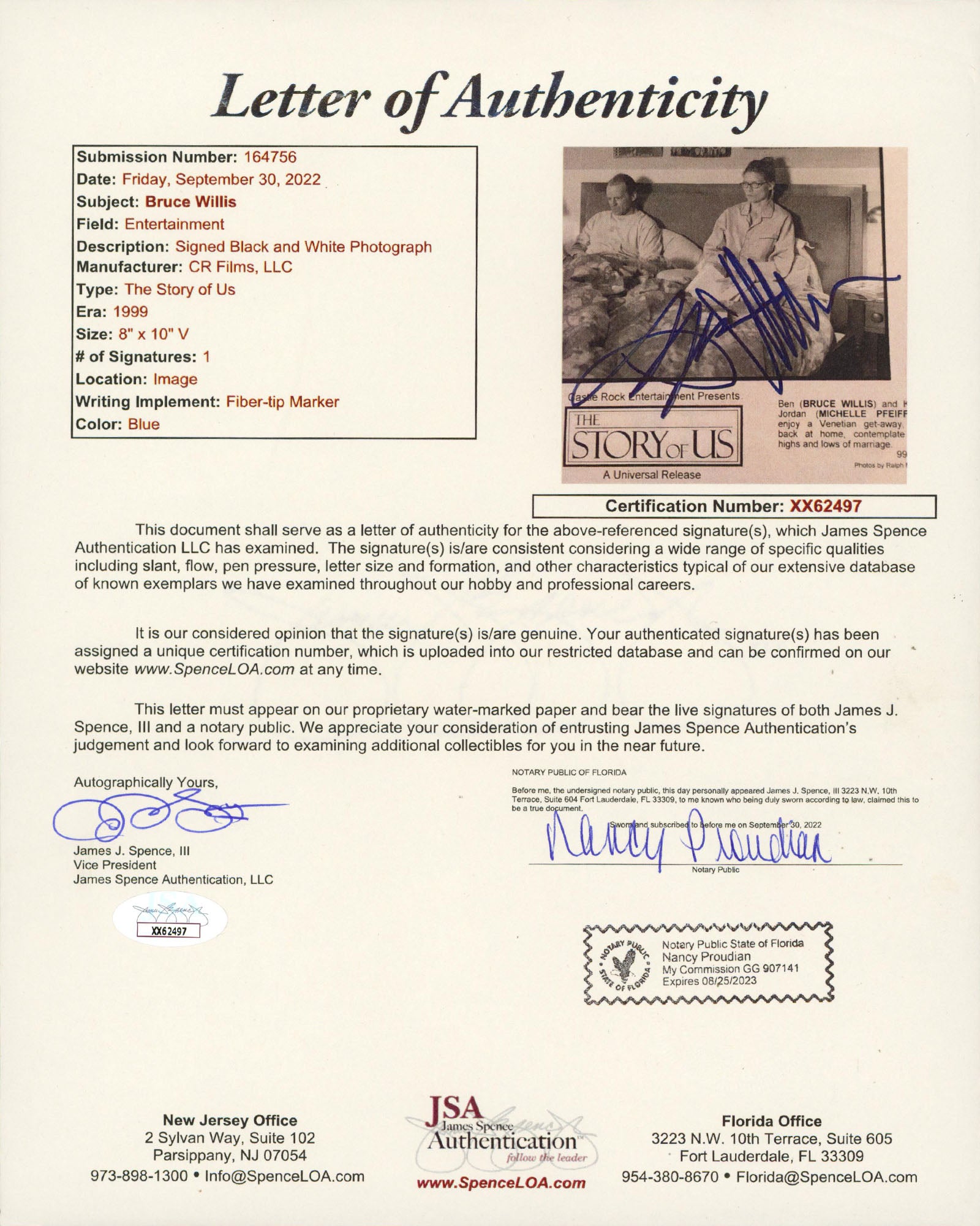 Bruce Willis The Story Of Us Authentic Signed 8x10 Vertical Photo JSA #XX62497