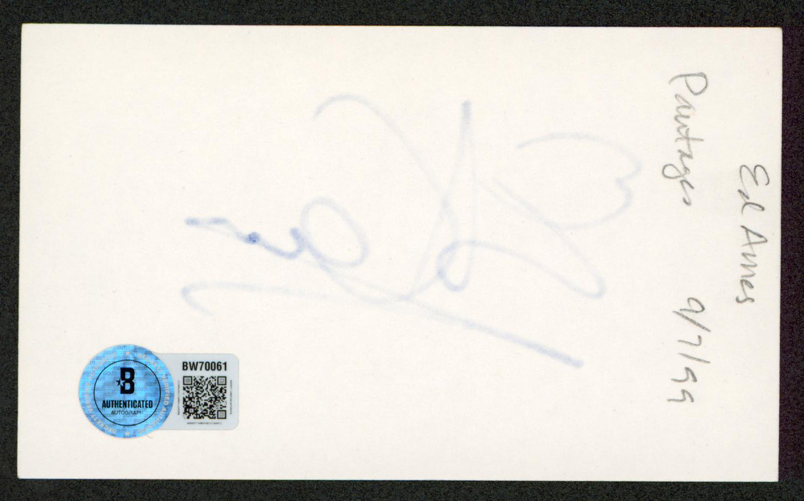 Ed Ames Murder, She Wrote Authentic Signed 3x5 Index Card BAS #BW70061