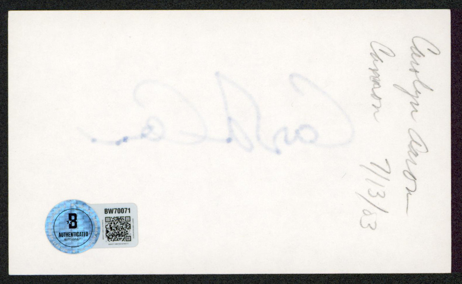 Carolyn Aaron The Marvelous Mrs. Maisel Signed 3x5 Index Card BAS #BW70071