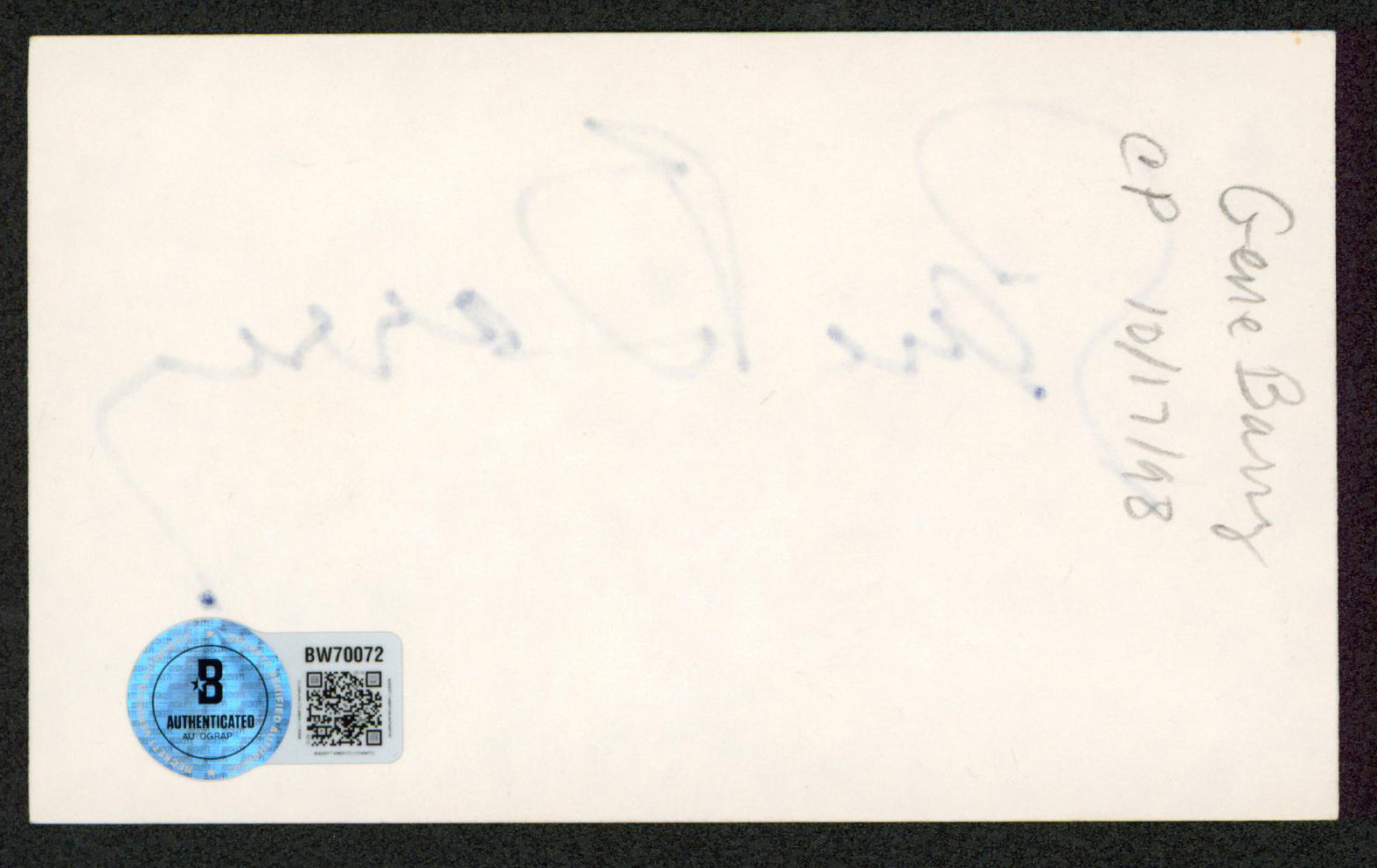Gene Barry Bat Masterson Authentic Signed 3x5 Index Card BAS #BW70072