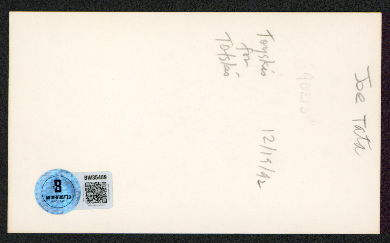 Joe Tata 90210 "Thanks Pal" Authentic Signed 3x5 Index Card BAS #BW35489