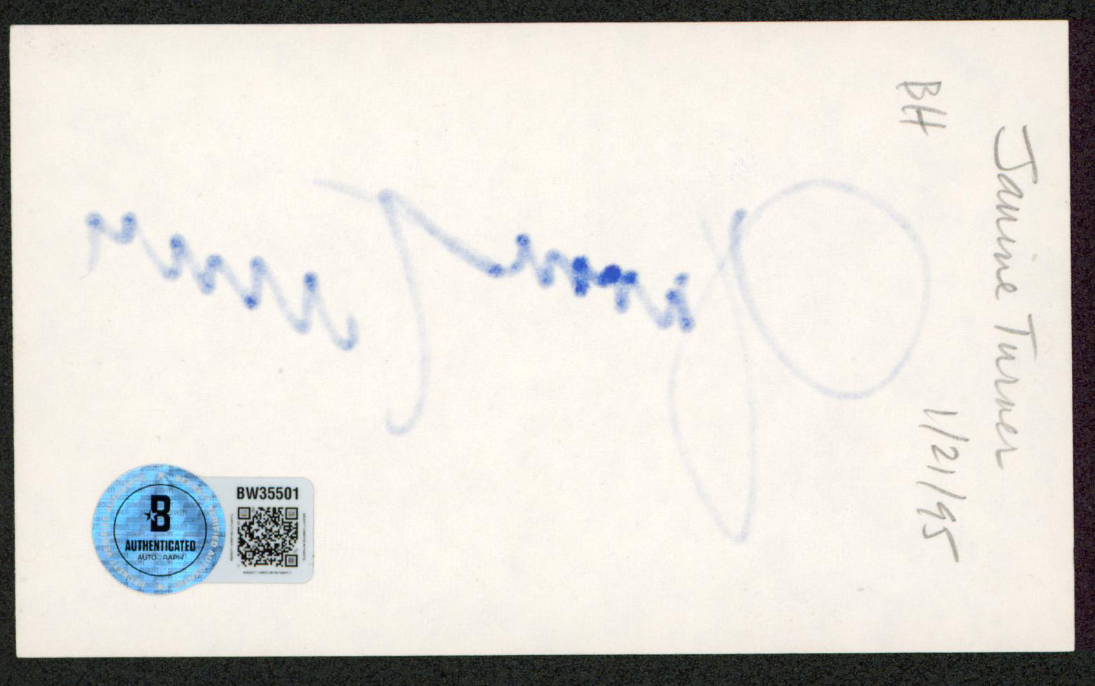 Jasmine Turner NBC Authentic Signed 3x5 Index Card Autographed BAS #BW35501