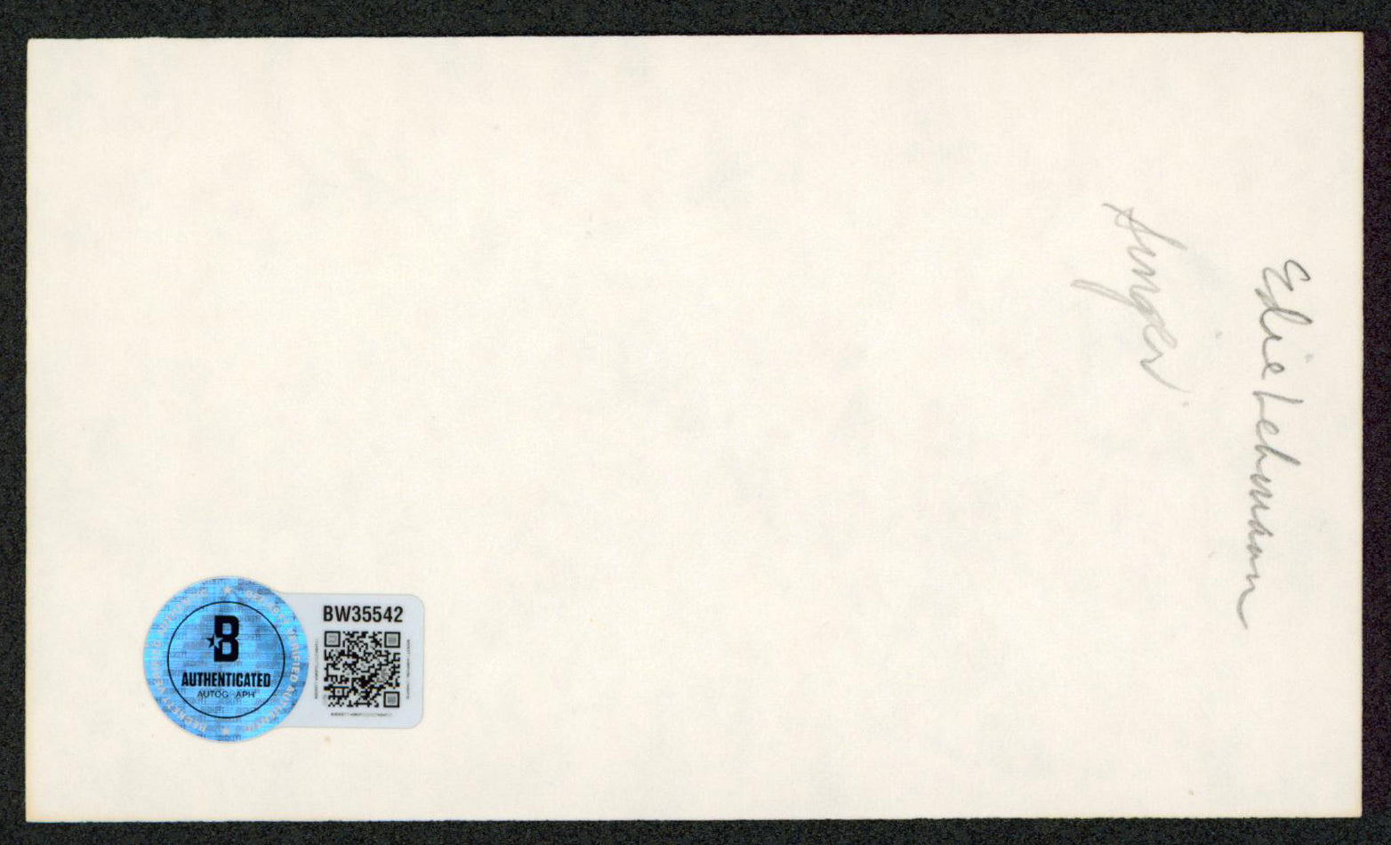 Edie Lehmann Singer Authentic Signed 3x5 Index Card Autographed BAS #BW35542
