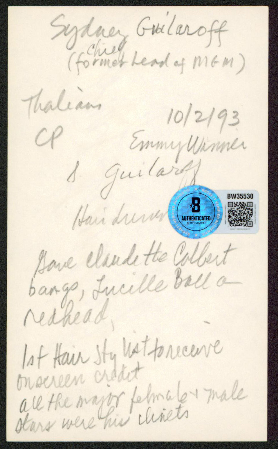 Sydney Guilaroff The Time Machine Authentic Signed 3x5 Index Card BAS #BW35530