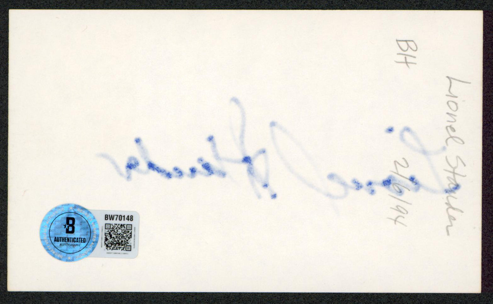Lionel Stander Hart to Hart Authentic Signed 3x5 Index Card BAS #BW70148