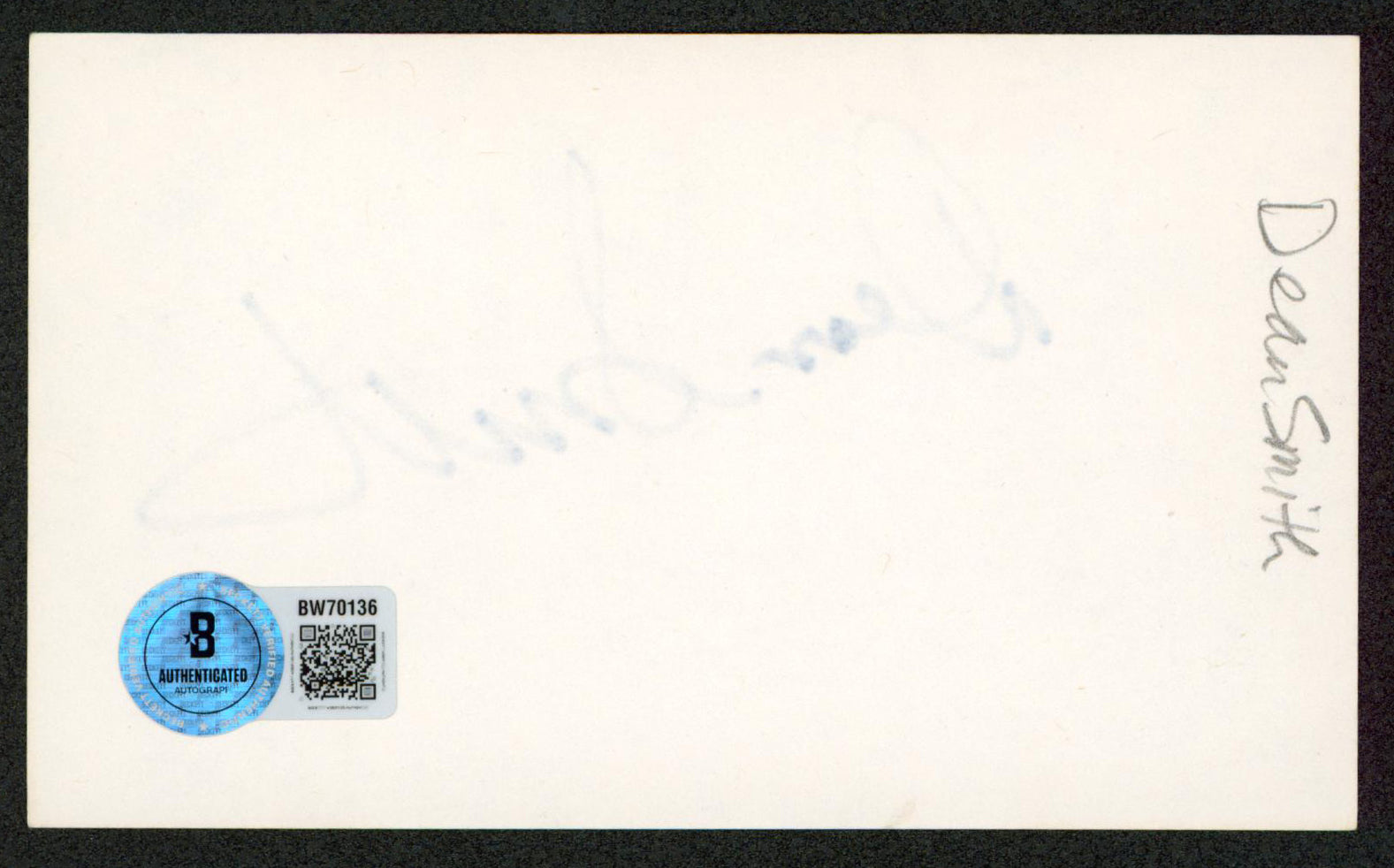 Dean Smith Stuntman Authentic Signed 3x5 Index Card Autographed BAS #BW70136