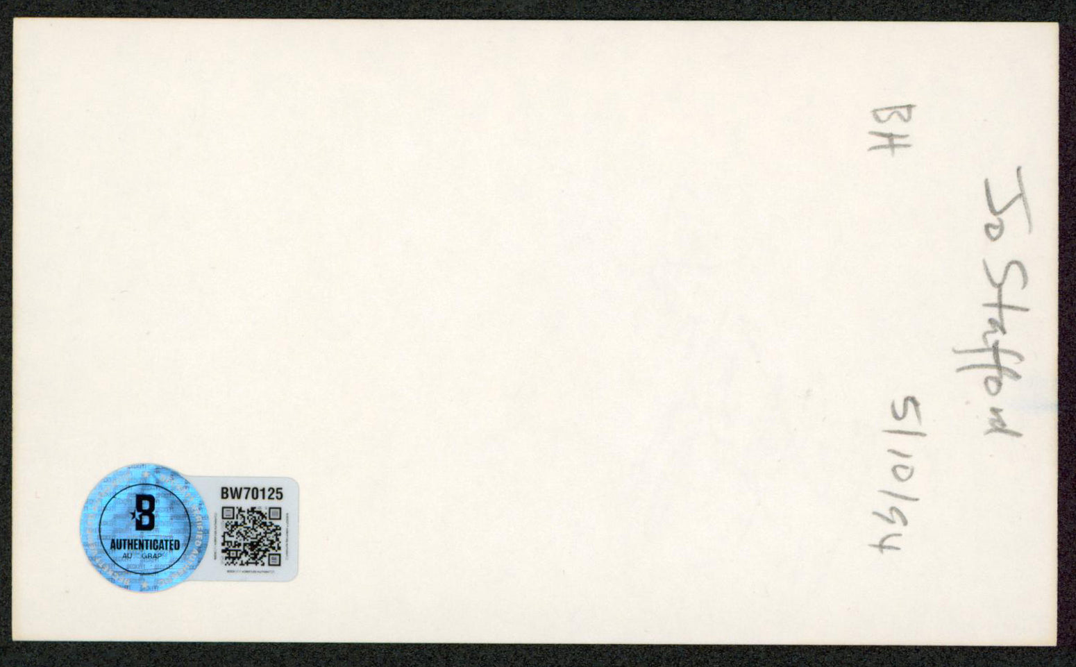 Jo Stafford Singer Authentic Signed 3x5 Index Card Autographed BAS #BW70125
