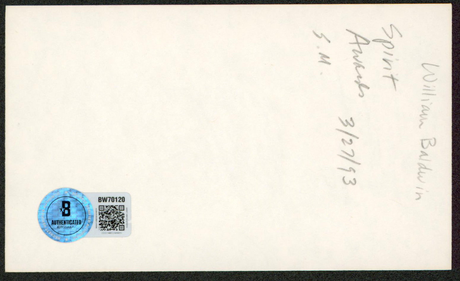 William Baldwin Backdraft Authentic Signed 3x5 Index Card Autographed BAS