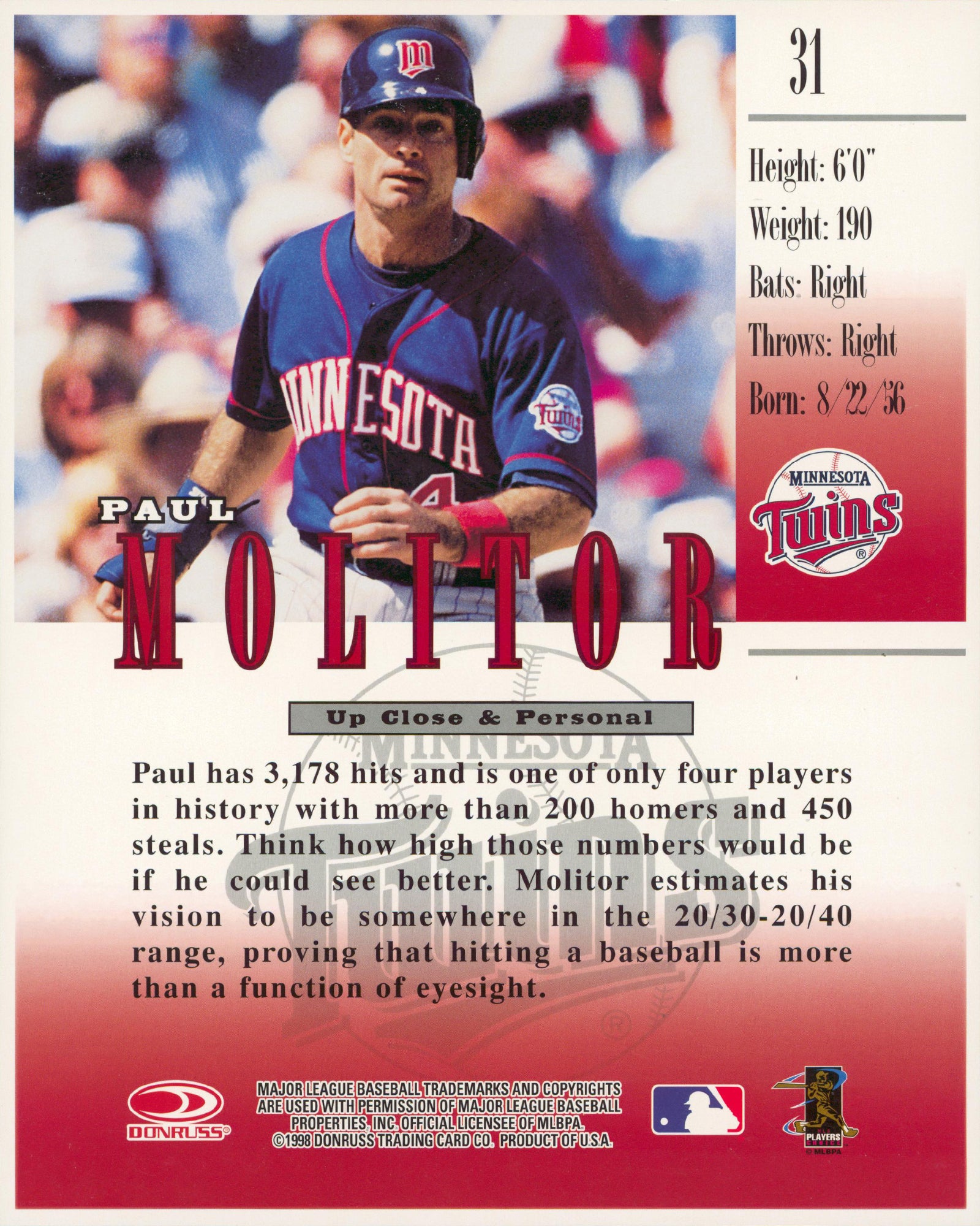 Twins Paul Molitor Signed 8.5x11 1998 Donruss #31 Trading Card JSA #CD80555