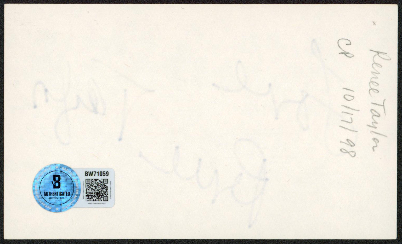 Renee Taylor The Nanny "Love" Authentic Signed 3x5 Index Card BAS #BW71059