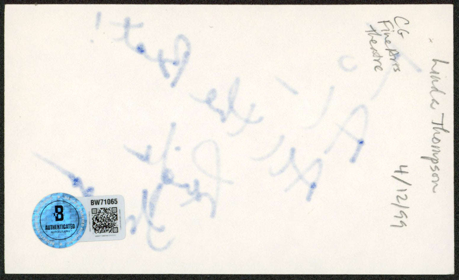 Linda Thompson Hee Haw "All the Best!" Signed 3x5 Index Card BAS #BW71065