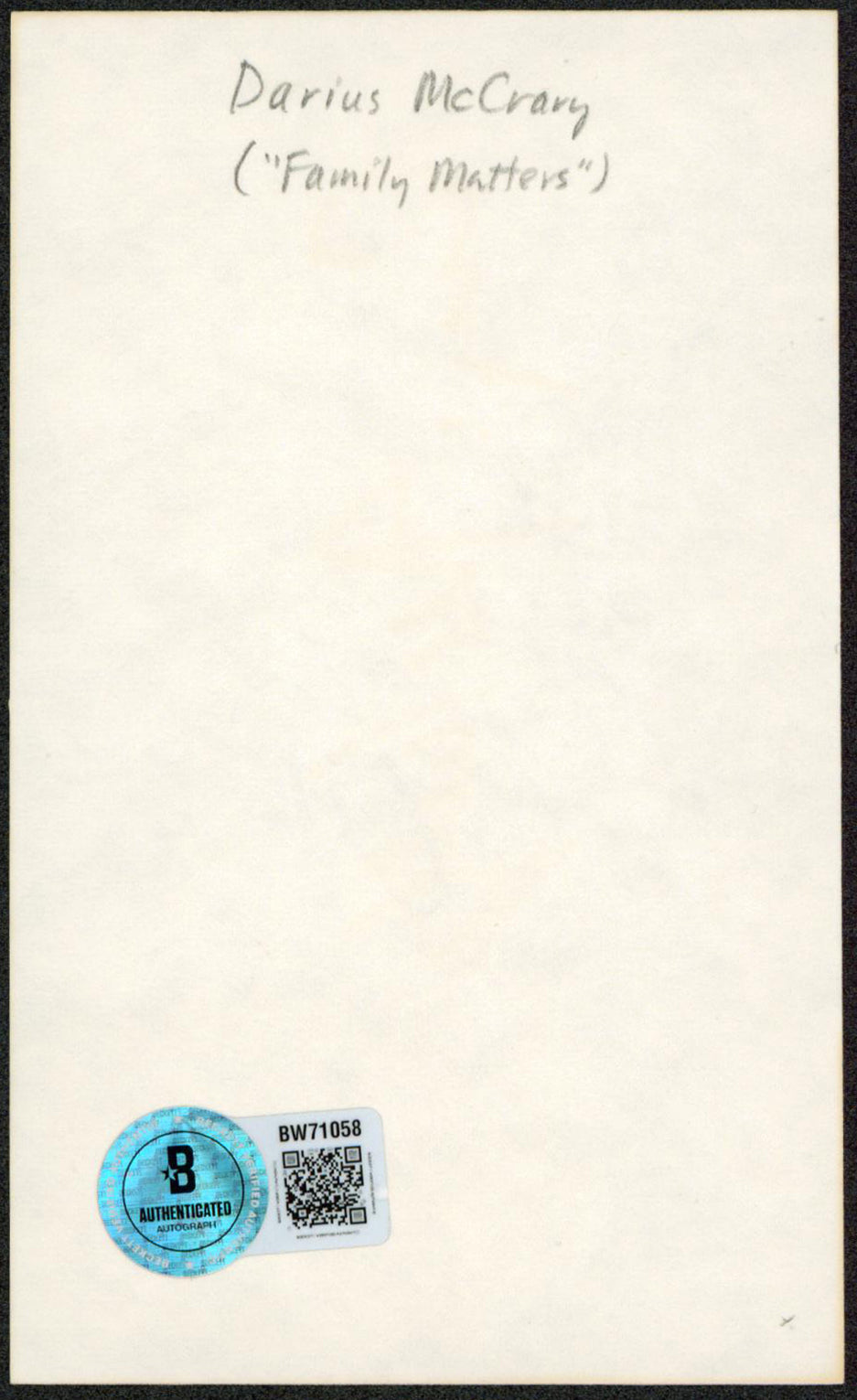 Darius McCrary Family Matters "God Bless You" Signed 3x5 Index Card BAS #BW71058