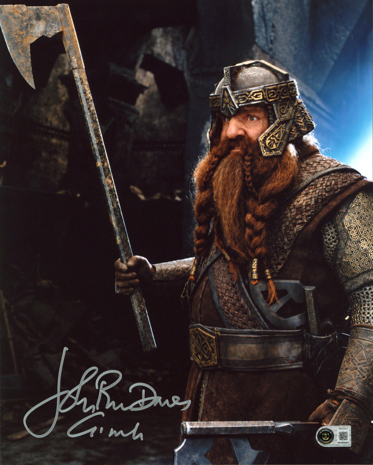 John Rhys-Davies Lord of the Rings Signed 11x14 Holding Axe Photo BAS Witnessed