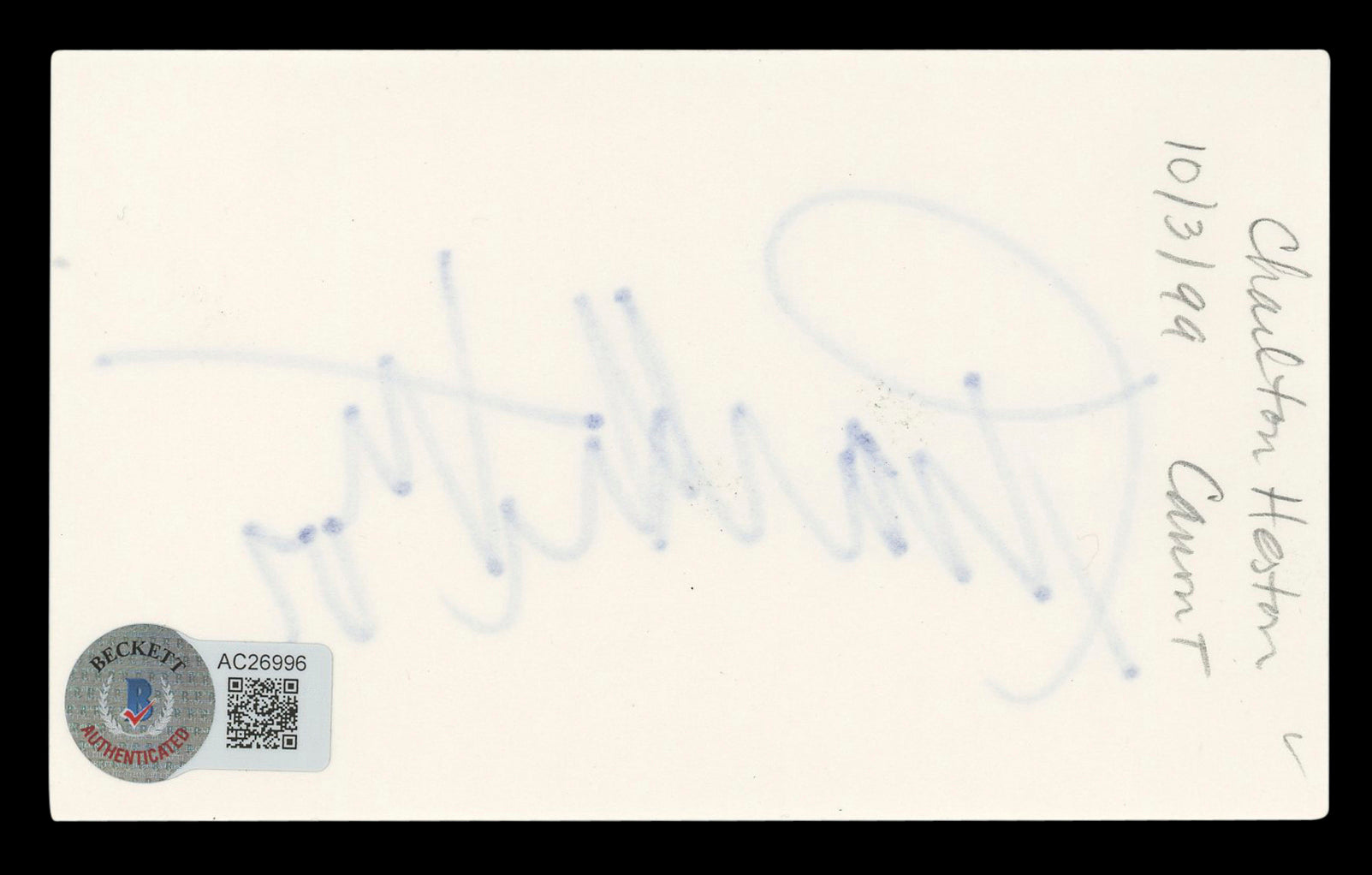 Charlton Heston Ben-Hur Authentic Signed 3x5 Index Card BAS LOA #AC26996