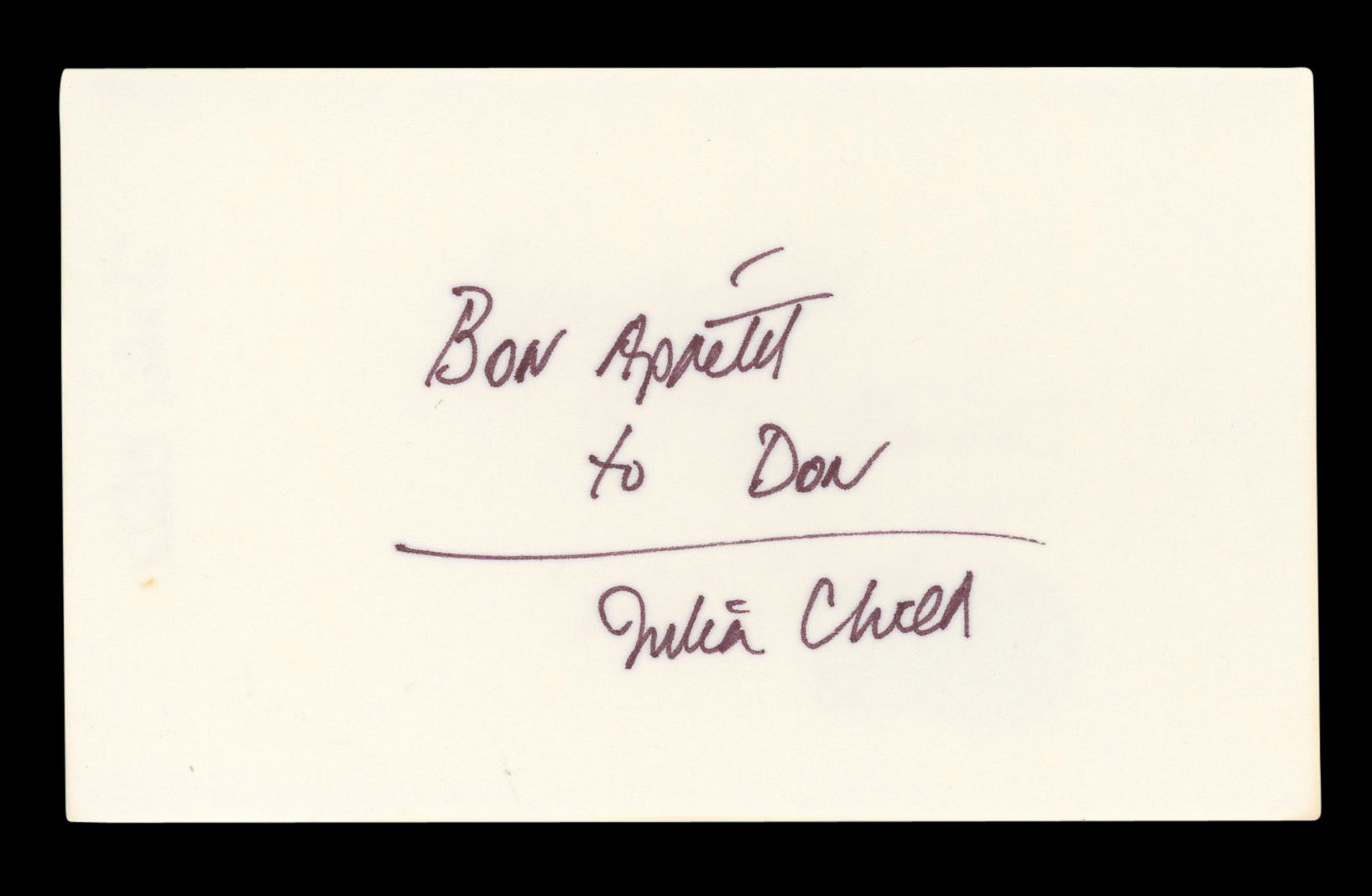 Julia Child Television Host "Bon Apetit" Signed 3x5 Index Card BAS #AD70366