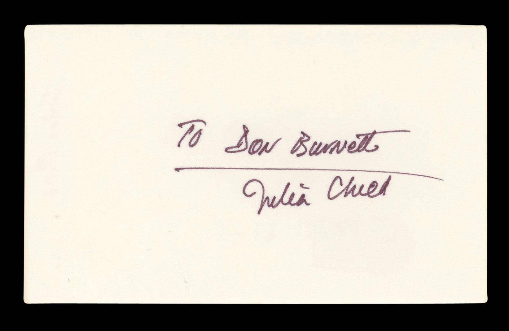 Julia Child Television Host "To Don Burnett" Signed 3x5 Index Card BAS #AD70365