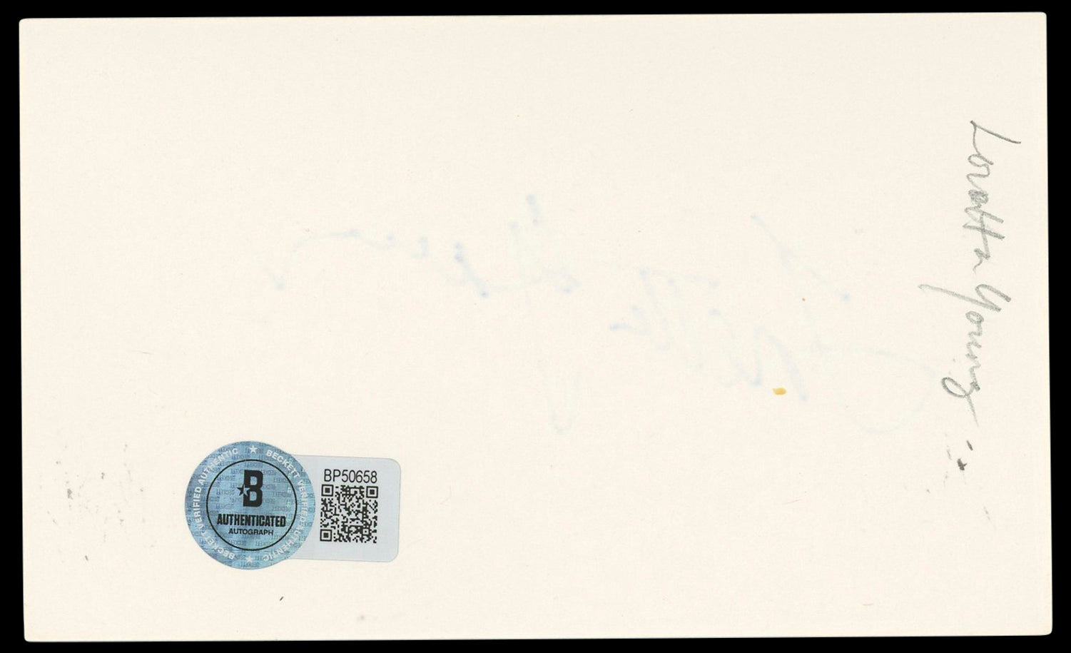 Loretta Young Call of the Wild Authentic Signed 3x5 Index Card BAS #BP50658